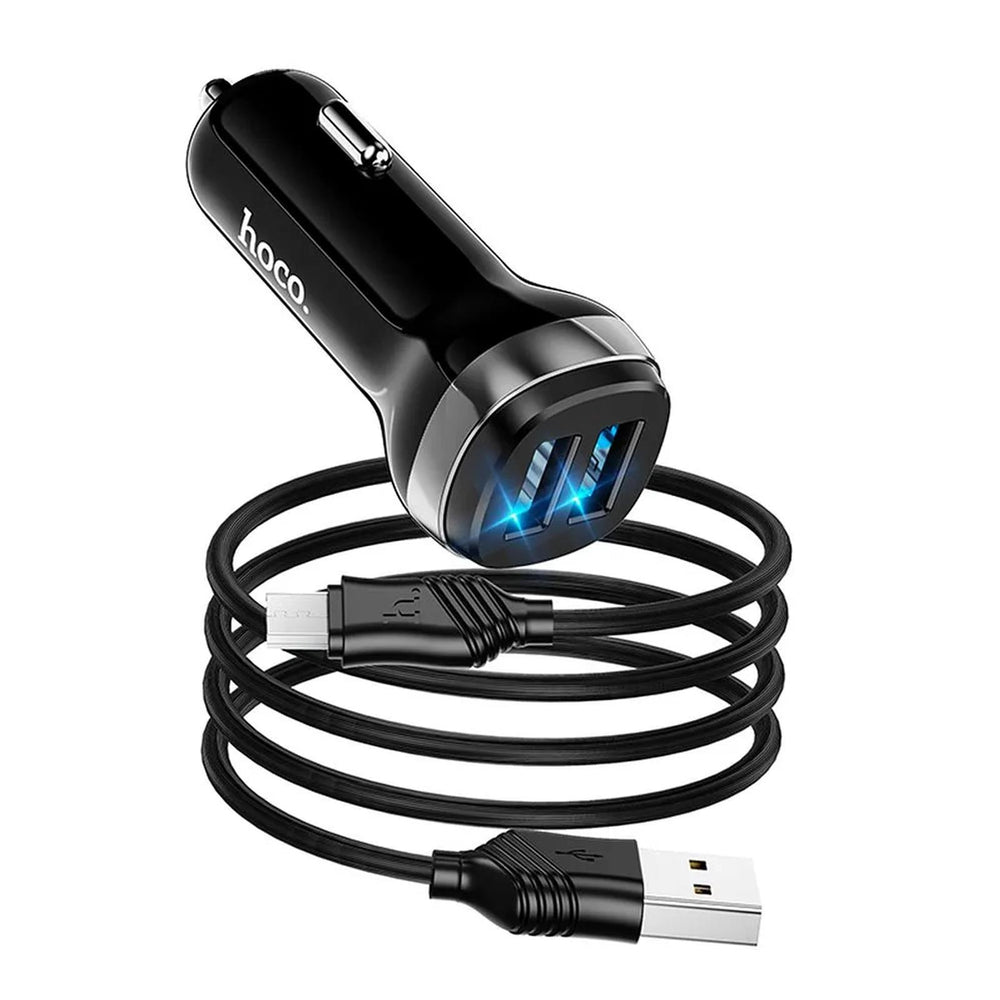 Hoco Dual-USB-Autoladeadapter, schwarz, mit Schnellladefunktion, beleuchteten Anschlüssen und mitgeliefertem Micro-USB-Kabel.