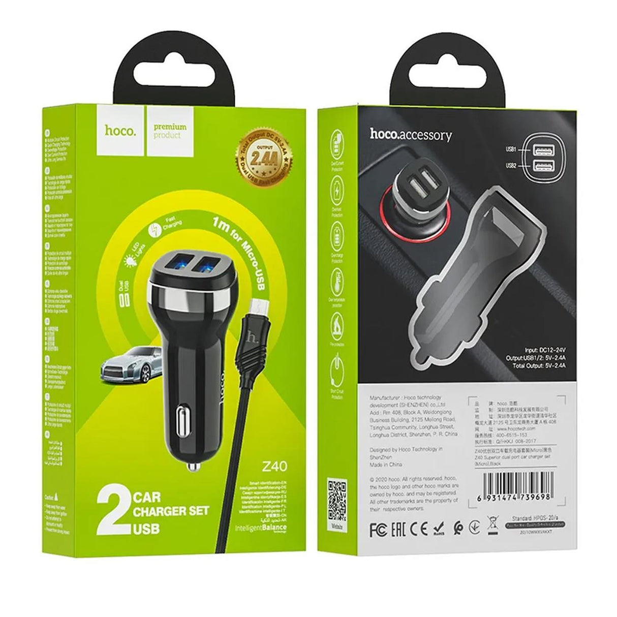 Kfz Ladegerät Set – 2x USB-A mit microUSB Kabel