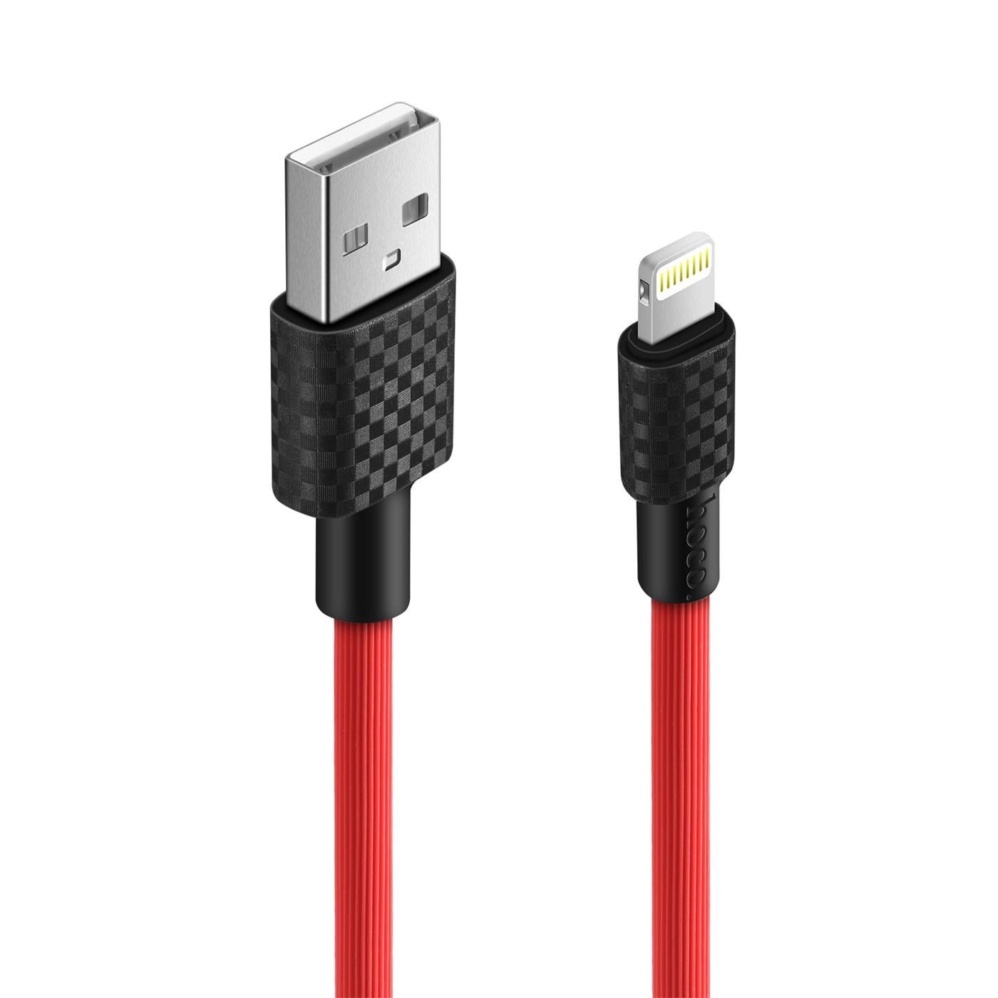 Rotes USB-Ladekabel mit schwarzem Karbonmuster-Detail und Lightning-Stecker.