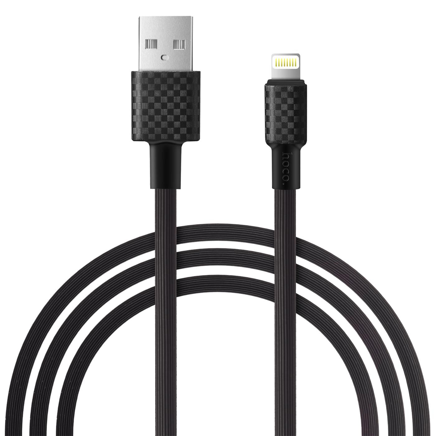 Schwarzes USB-Ladekabel mit Lightning-Anschluss, PVC-Ummantelung, Draufsicht.