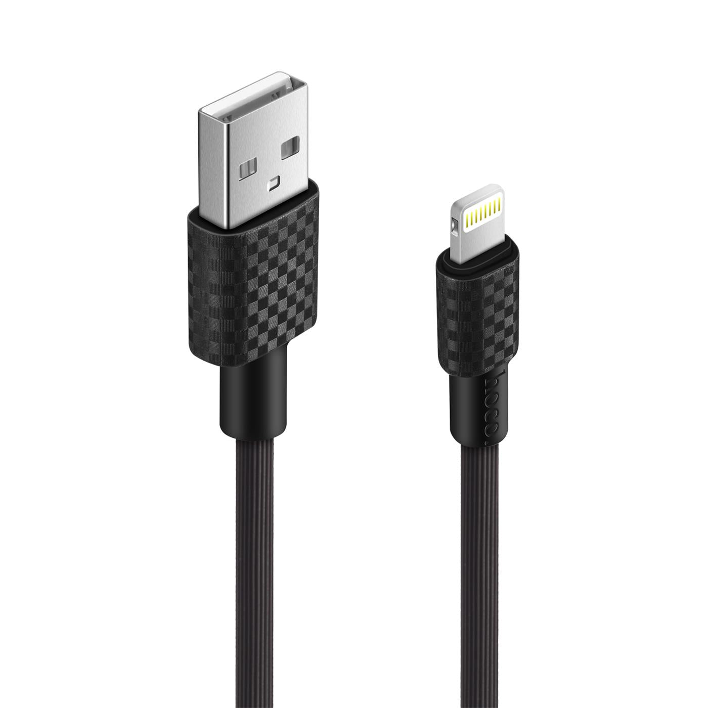 Schwarzes USB-Ladekabel mit Lightning-Anschluss, PVC-Ummantelung, Vorderansicht.