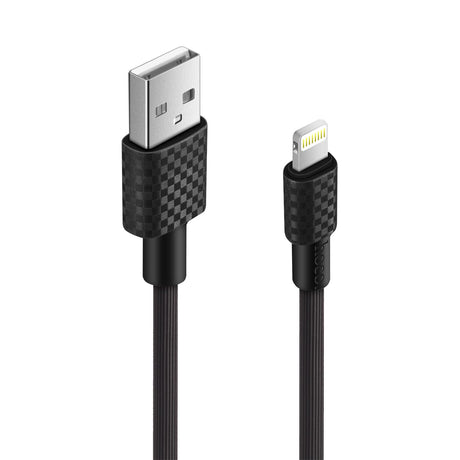 Schwarzes USB-Ladekabel mit Lightning-Anschluss, PVC-Ummantelung, Vorderansicht.