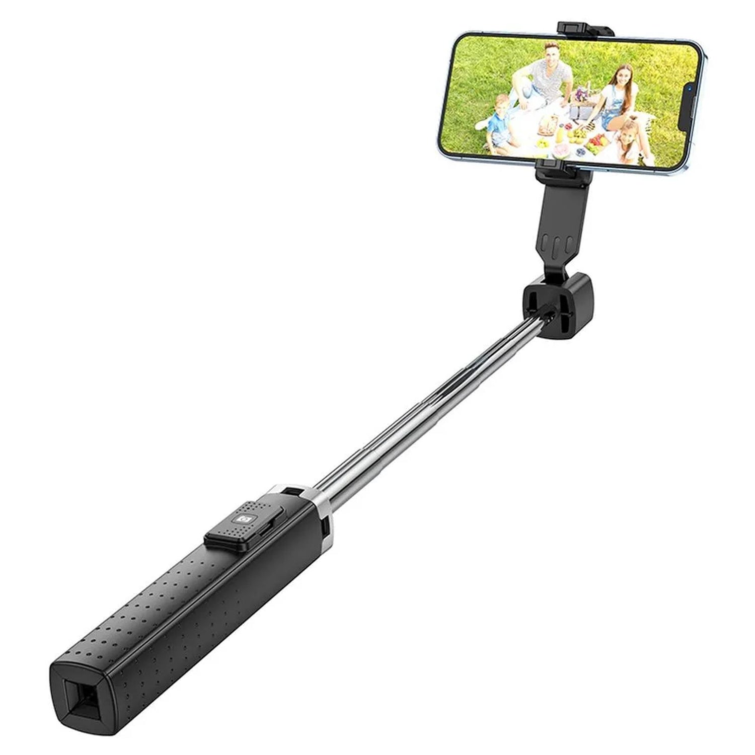 Schwarzer Hoco K18 Selfie-Stick aus Kunststoff und Metall, ausgefahren, mit einem Smartphone im Querformat.