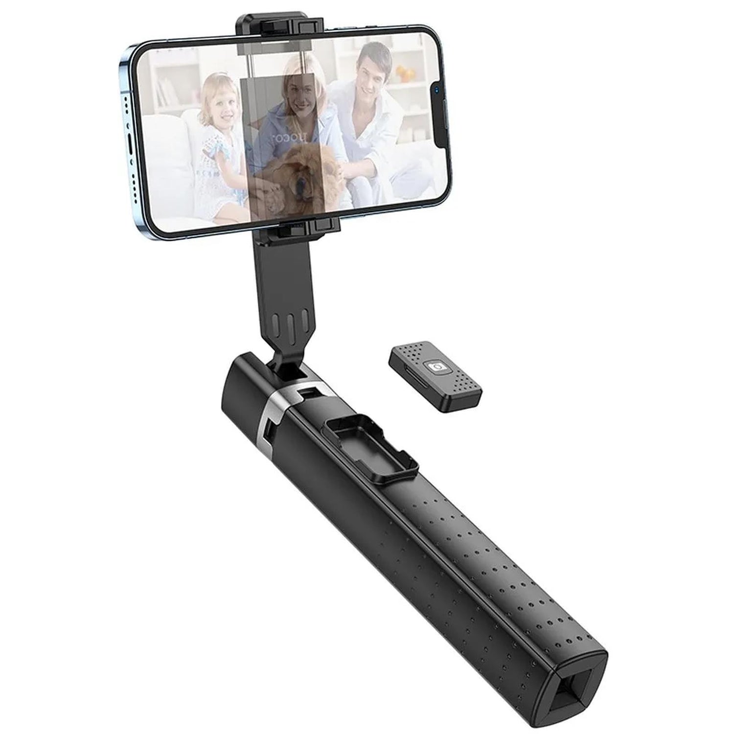 Schwarzer Hoco K18 Selfie-Stick aus Kunststoff und Metall mit eingespanntem Smartphone und separater Fernbedienung.