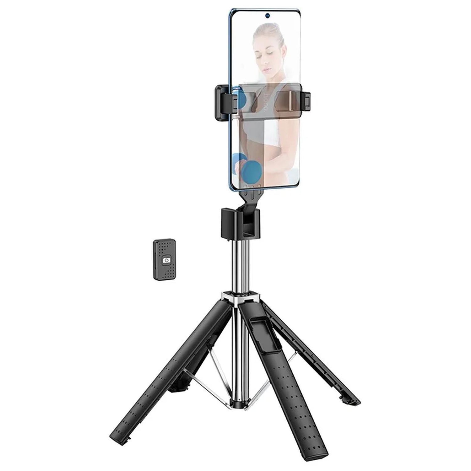 Schwarzer Hoco K18 Selfie-Stick aus Kunststoff und Metall als Stativ mit Handy und Fernbedienung, frontal.