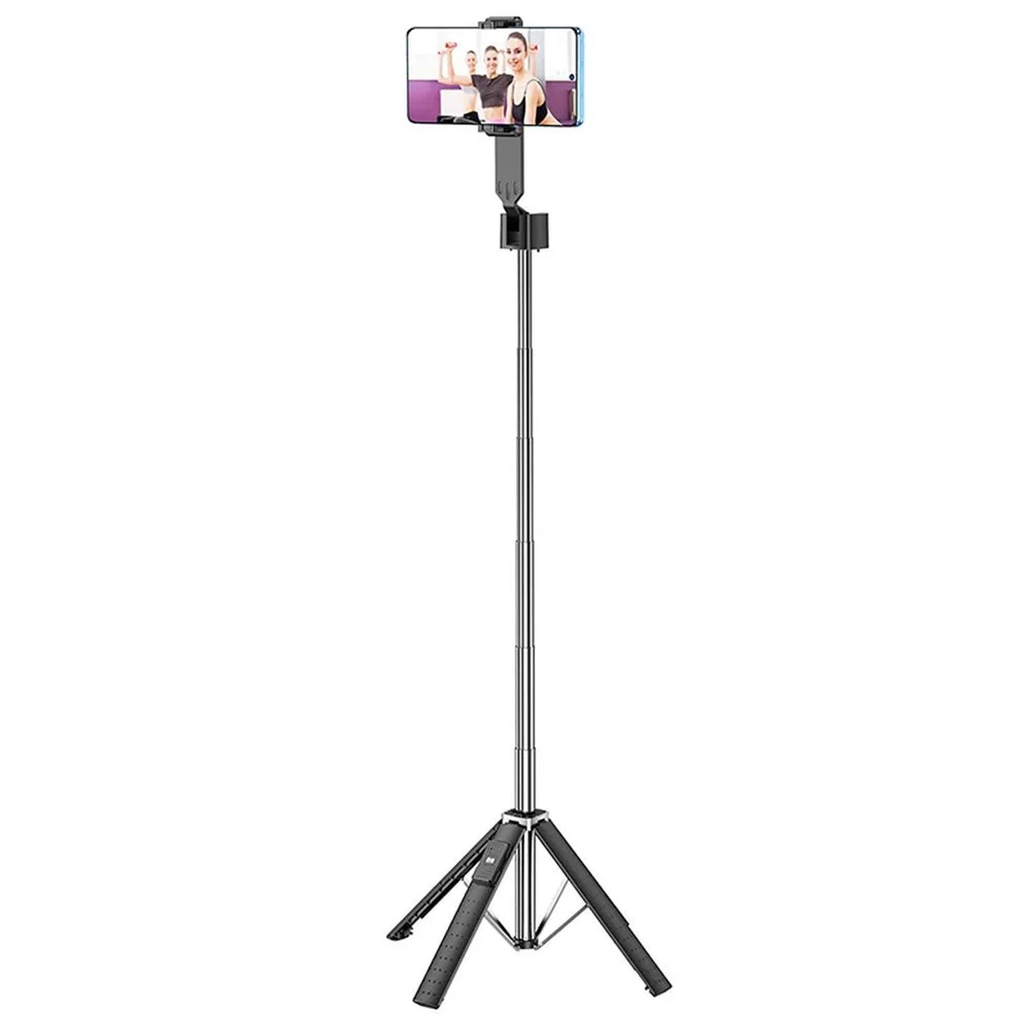 Schwarzer Hoco K18 Selfie-Stick aus Metall/Kunststoff, ausgezogen als Stativ mit Smartphone, Frontalansicht.