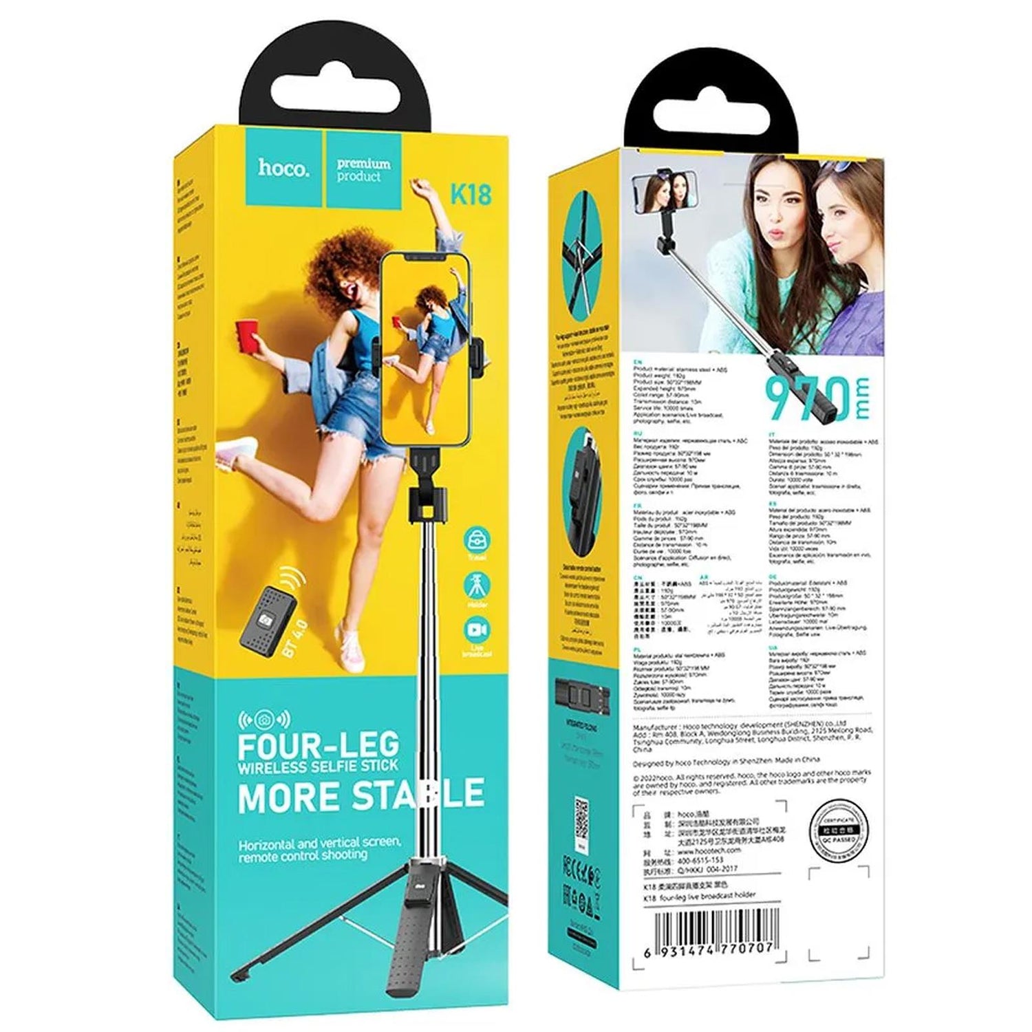 Zwei Hoco K18 Selfie-Stick Verpackungen, schwarz, schräg von vorne. Zeigt den Stick mit Handy als Stativ und in Benutzung.