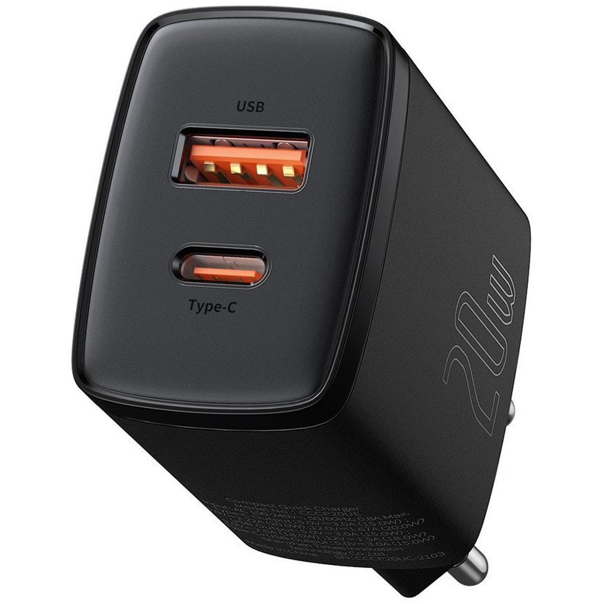 Joyroom 20W Dual-Port USB-A und USB-C Schnellladegerät, kompaktes Design für Smartphones und Tablets.