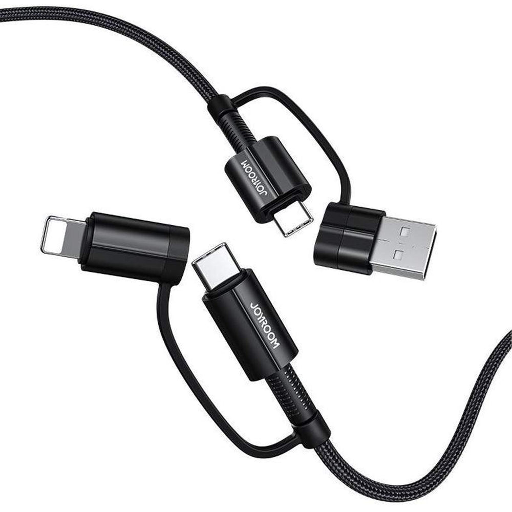 Joyroom 4-in-1 Ladekabel 1,2 Meter mit USB-A, USB-C und Lightning Anschlüssen, robustes Nylon, Schnellladefunktion.