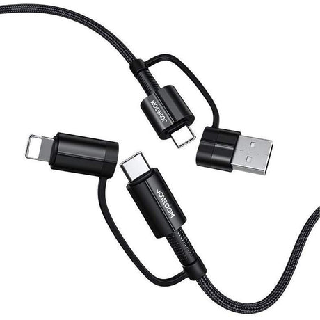 Joyroom 4-in-1 Ladekabel 1,2 Meter mit USB-A, USB-C und Lightning Anschlüssen, robustes Nylon, Schnellladefunktion.