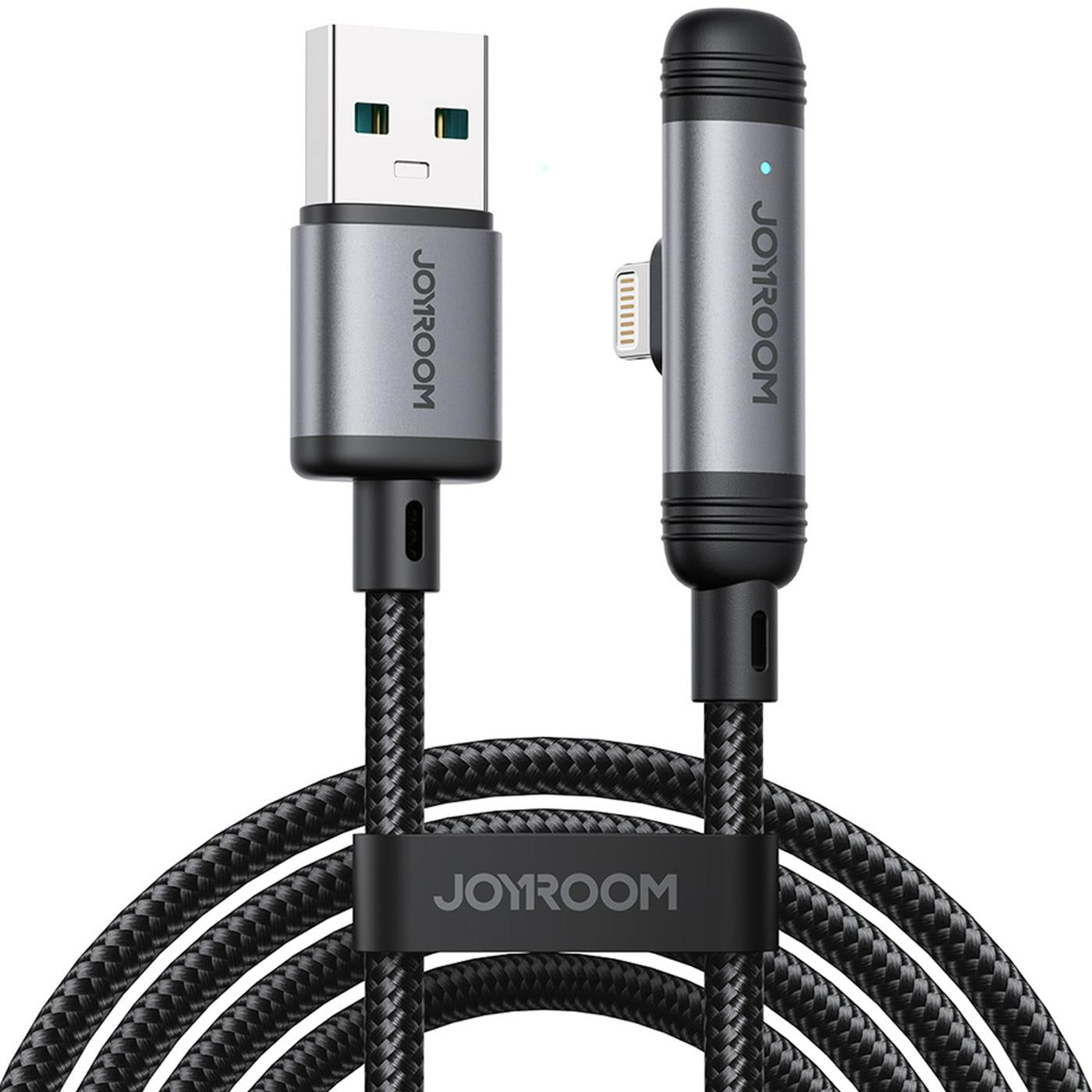 Graues USB-A auf Lightning-Kabel, 90° Winkel, Nylon, mit JOYROOM-Logo.