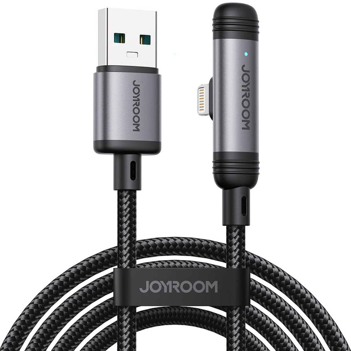 Graues USB-A auf Lightning-Kabel mit 90°-Winkel, Nylongeflecht, JOYROOM.