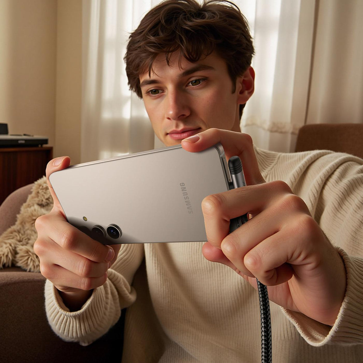 Mann hält silbernes Samsung-Smartphone mit 90°-Ladekabel aus schwarzem Nylongeflecht.