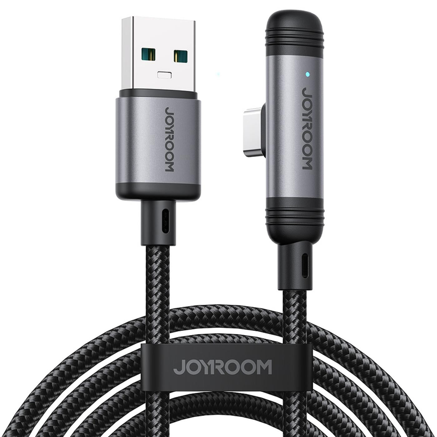Graues USB-A zu USB-C Ladekabel mit 90° Winkel, Nylon, von vorne