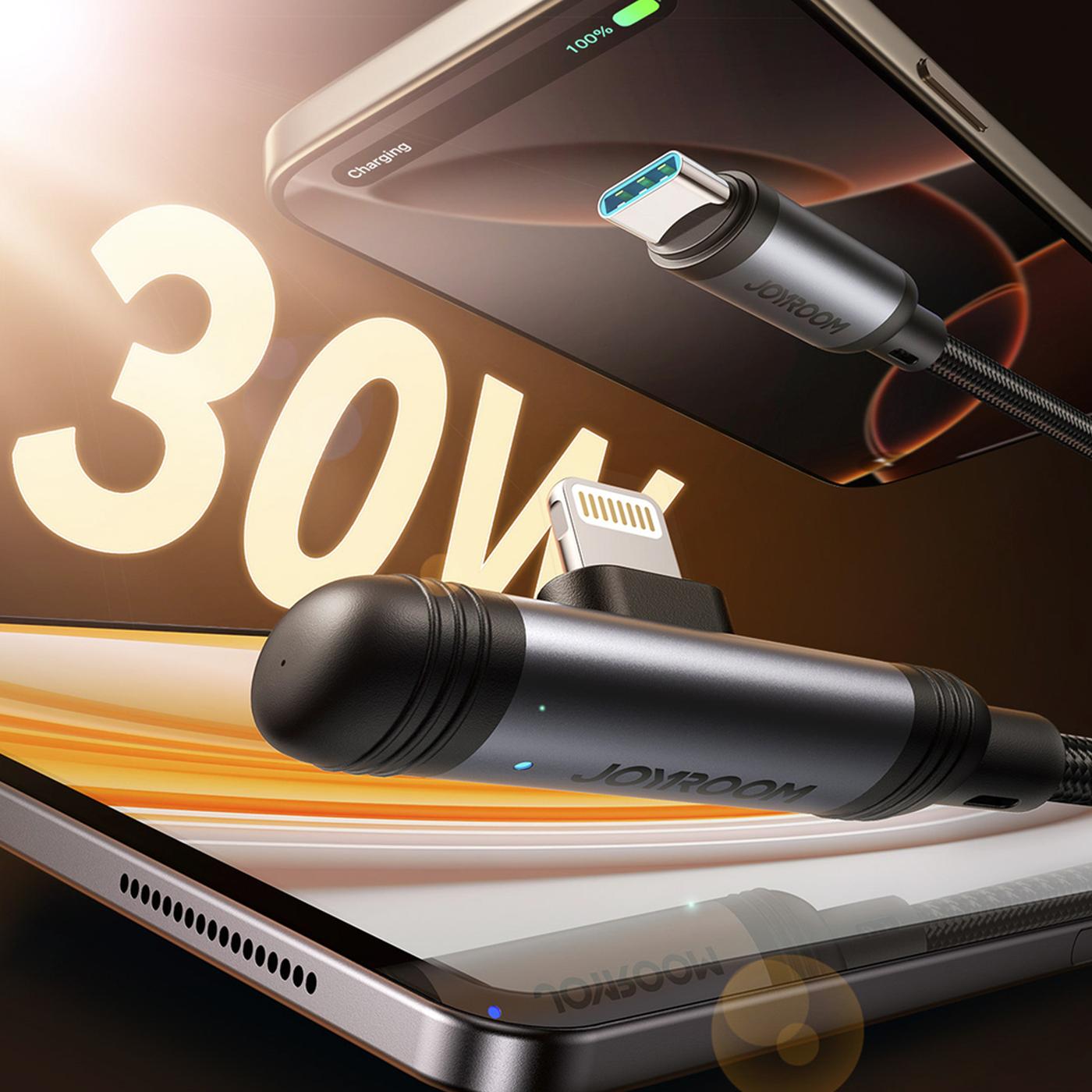 Graues USB-C-Kabel mit blauem Stecker, Ladeanschluss eines Smartphones, Lightning-Adapter.