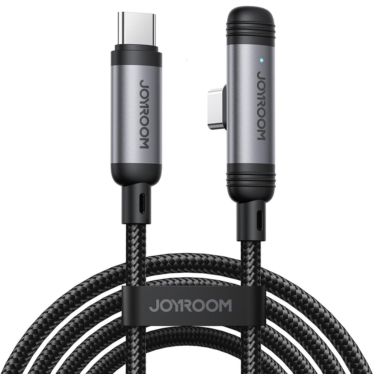 Graues USB-C-Kabel mit 90°-Winkel, Nylongeflecht, Vorderansicht.