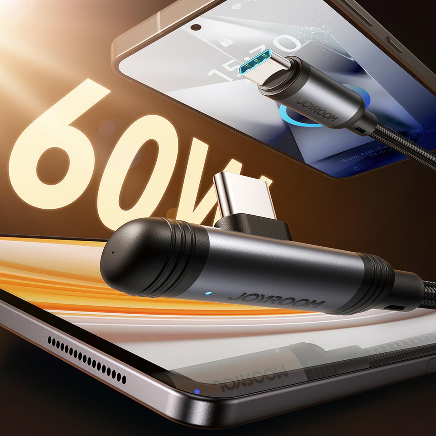 Graues USB-C-Kabel mit 90°-Winkelstecker, Nylongeflecht, lädt Smartphone und Tablet.