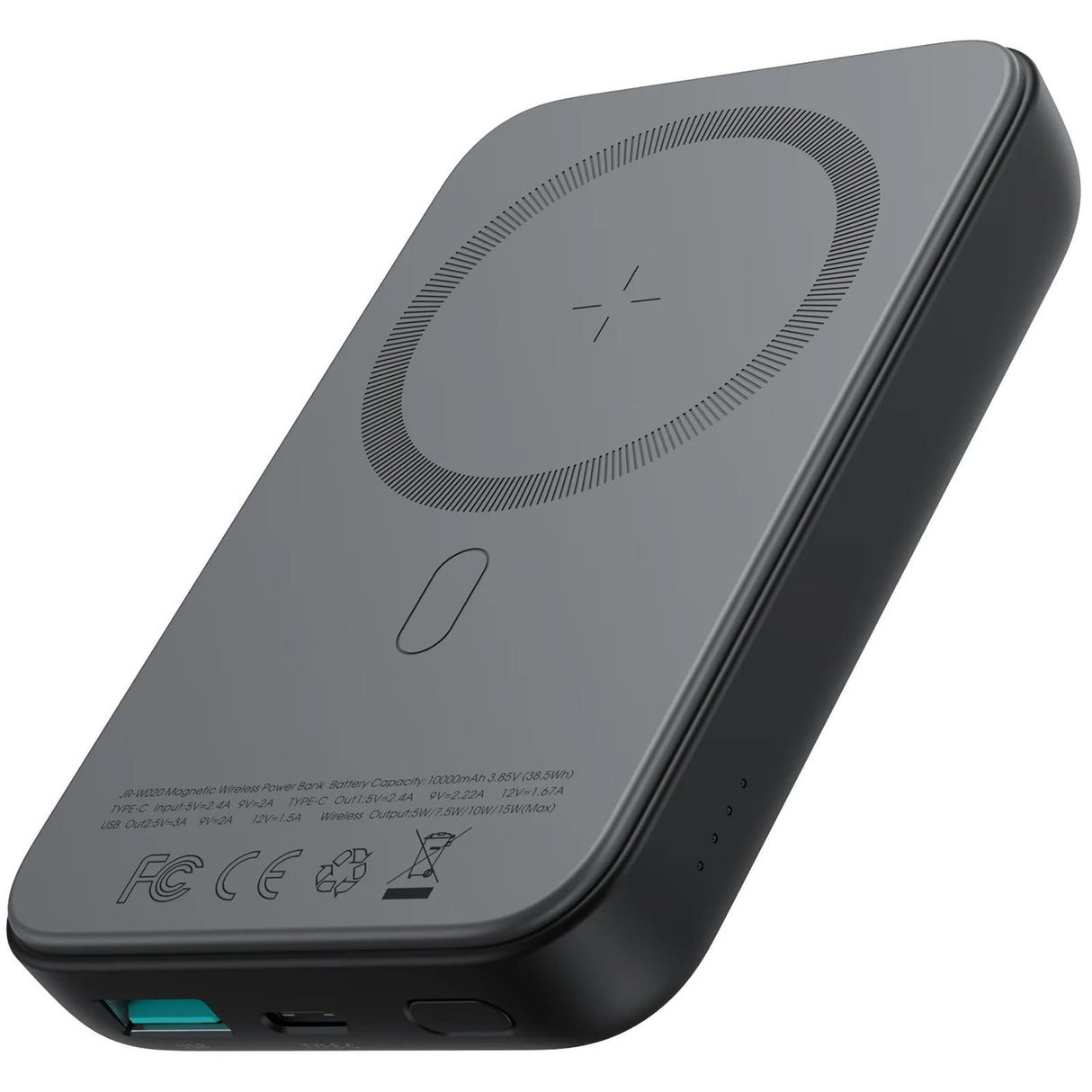 Joyroom JR-W020 MagSafe Powerbank, 10.000mAh, schwarz, mit kabelloser Ladefunktion und USB-A/USB-C Anschlüssen.