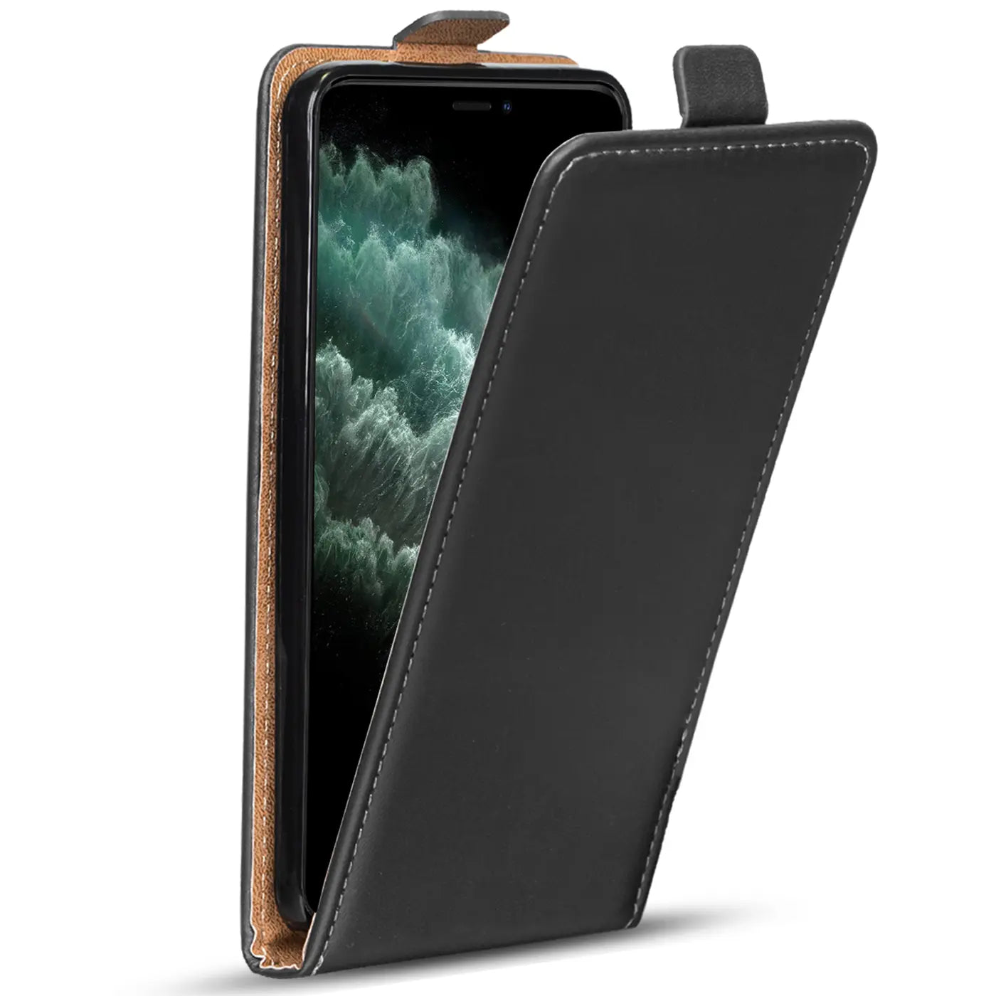 Schwarze Leder-Flip-Hülle für iPhone 11 Pro, von vorne, offen