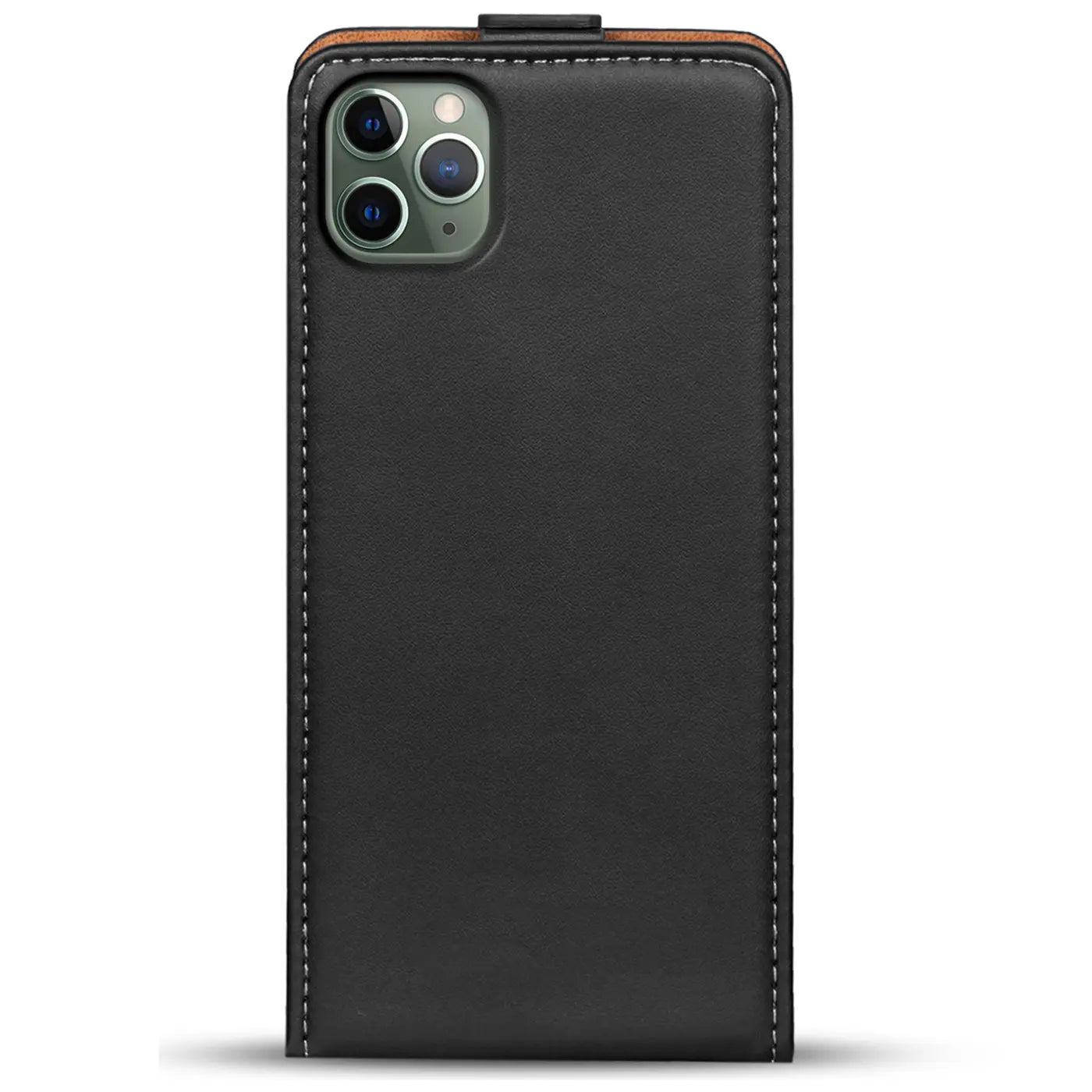 Schwarze Leder-Flip-Hülle mit Nähten auf iPhone 11 Pro, Rückansicht