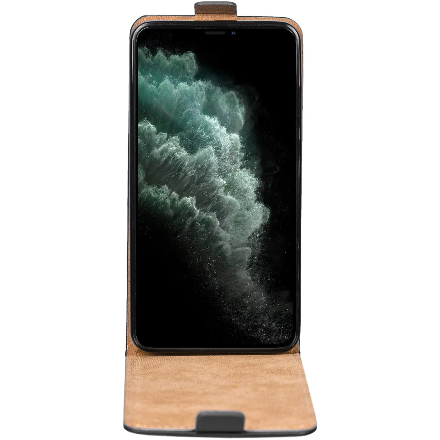 iPhone 11 Pro in brauner Leder-Klapphülle, Vorderansicht.