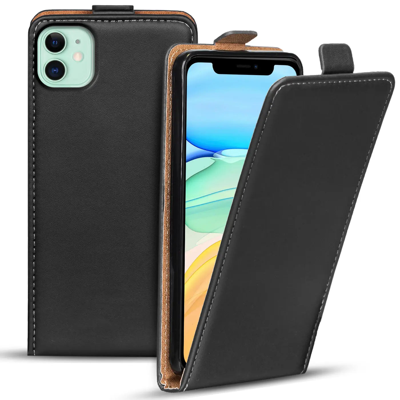 Schwarze Leder-Flip-Hülle mit braunem Innenfutter für iPhone 11, von vorne schräg gezeigt.