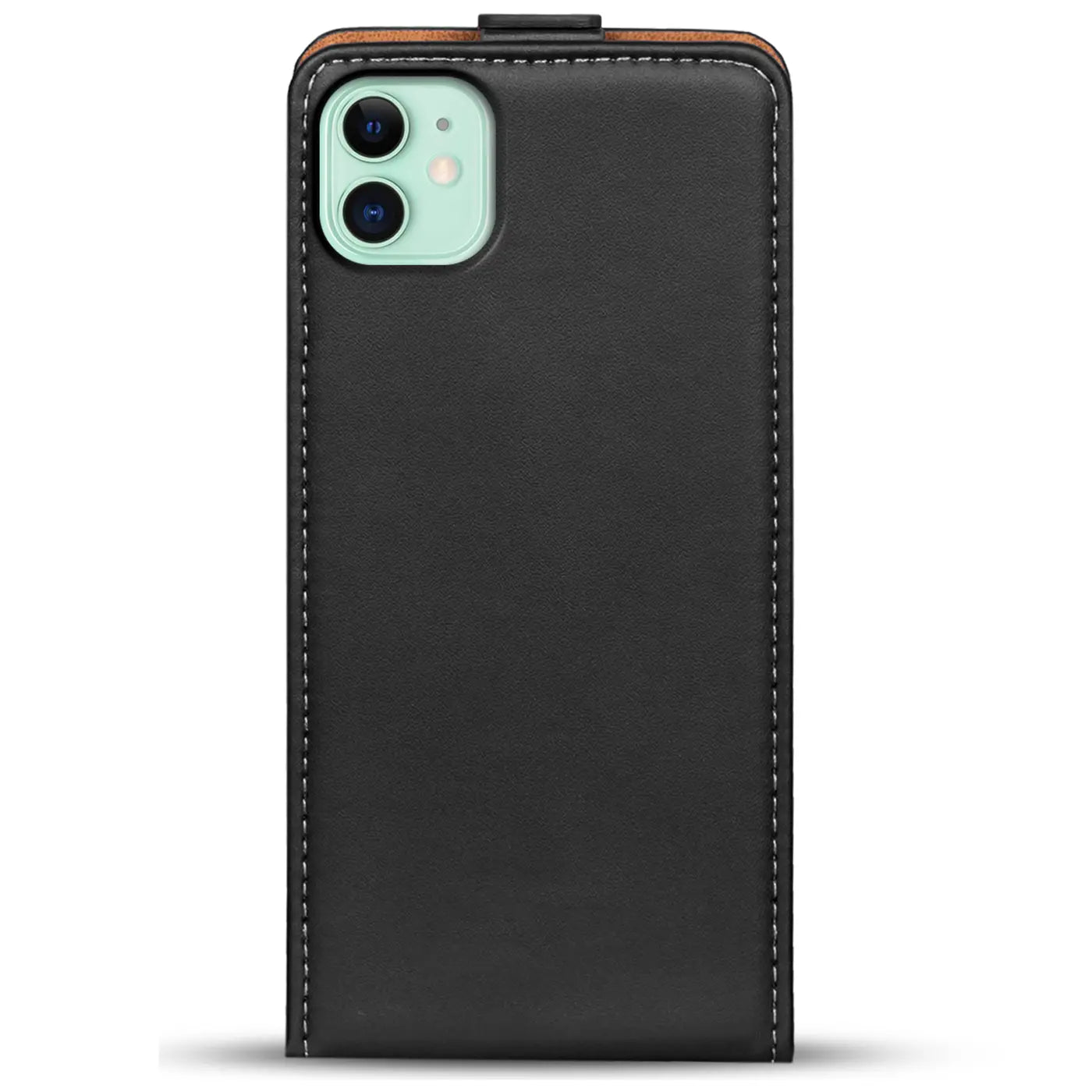 Schwarze Leder-Flip-Hülle mit Holz-Akzent für iPhone 11, von vorne gesehen.