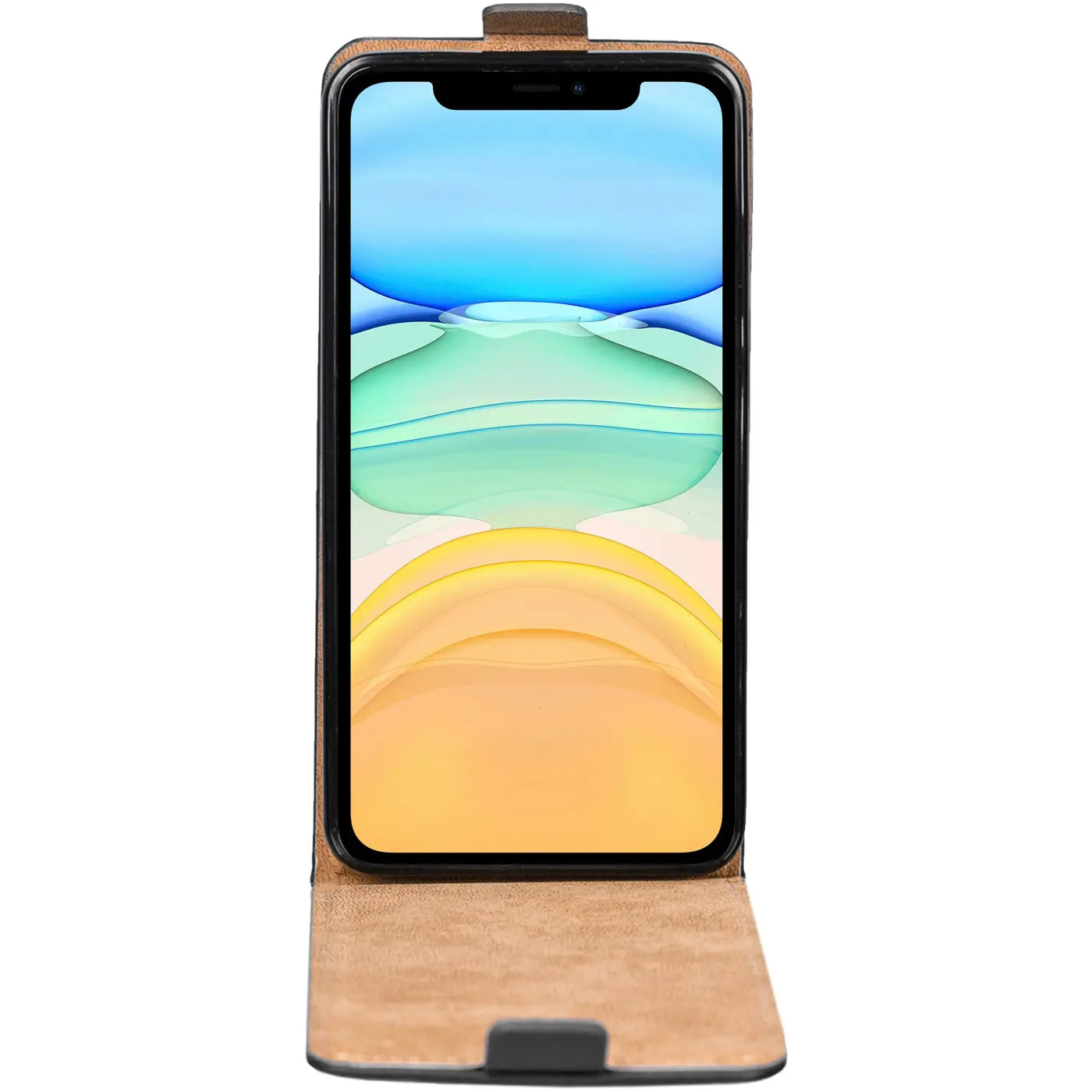 iPhone 11 in brauner Leder-Flip-Hülle, von vorne, Hülle geöffnet