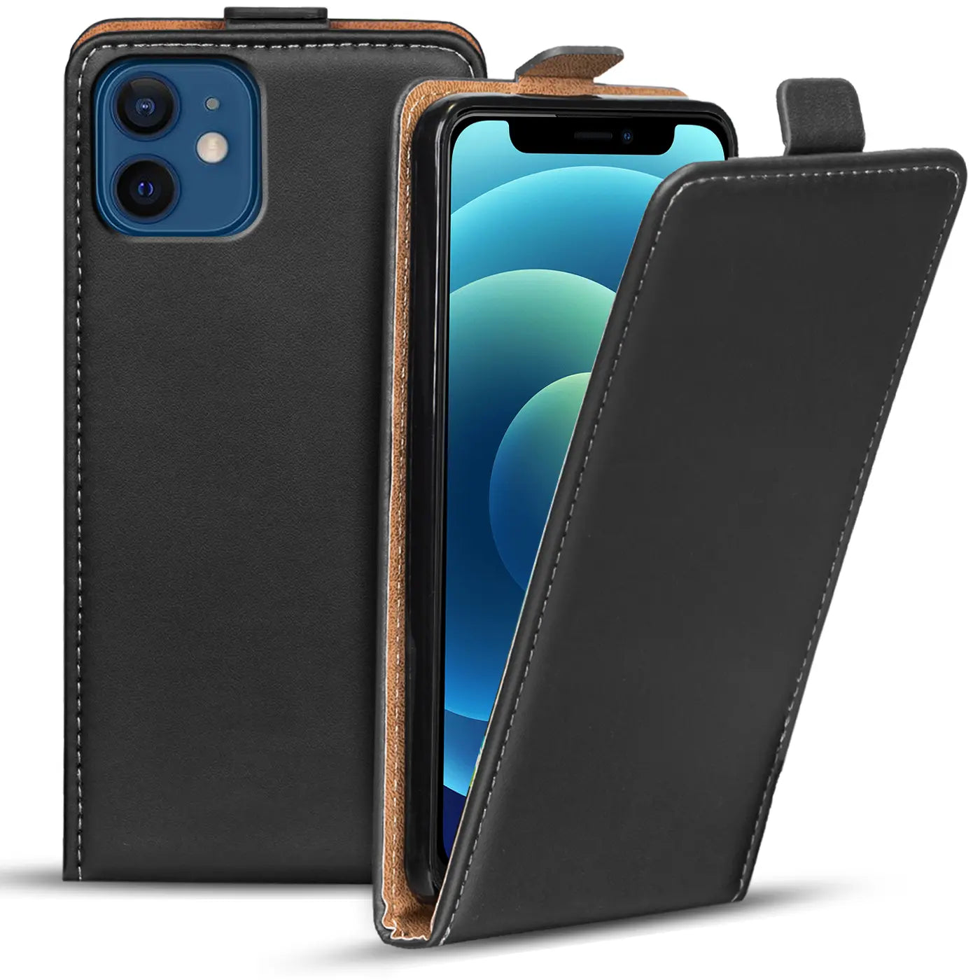 Schwarze Leder-Flip-Hülle mit offenem Deckel, zeigt iPhone 12 Mini von vorne und hinten.