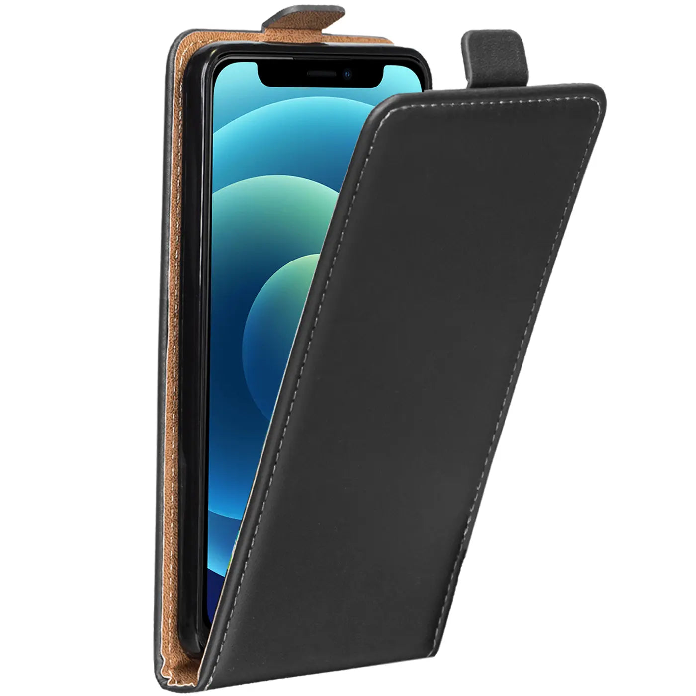 Schwarze Klapphülle aus Leder mit Naht, iPhone 12 Mini, Seitenansicht.