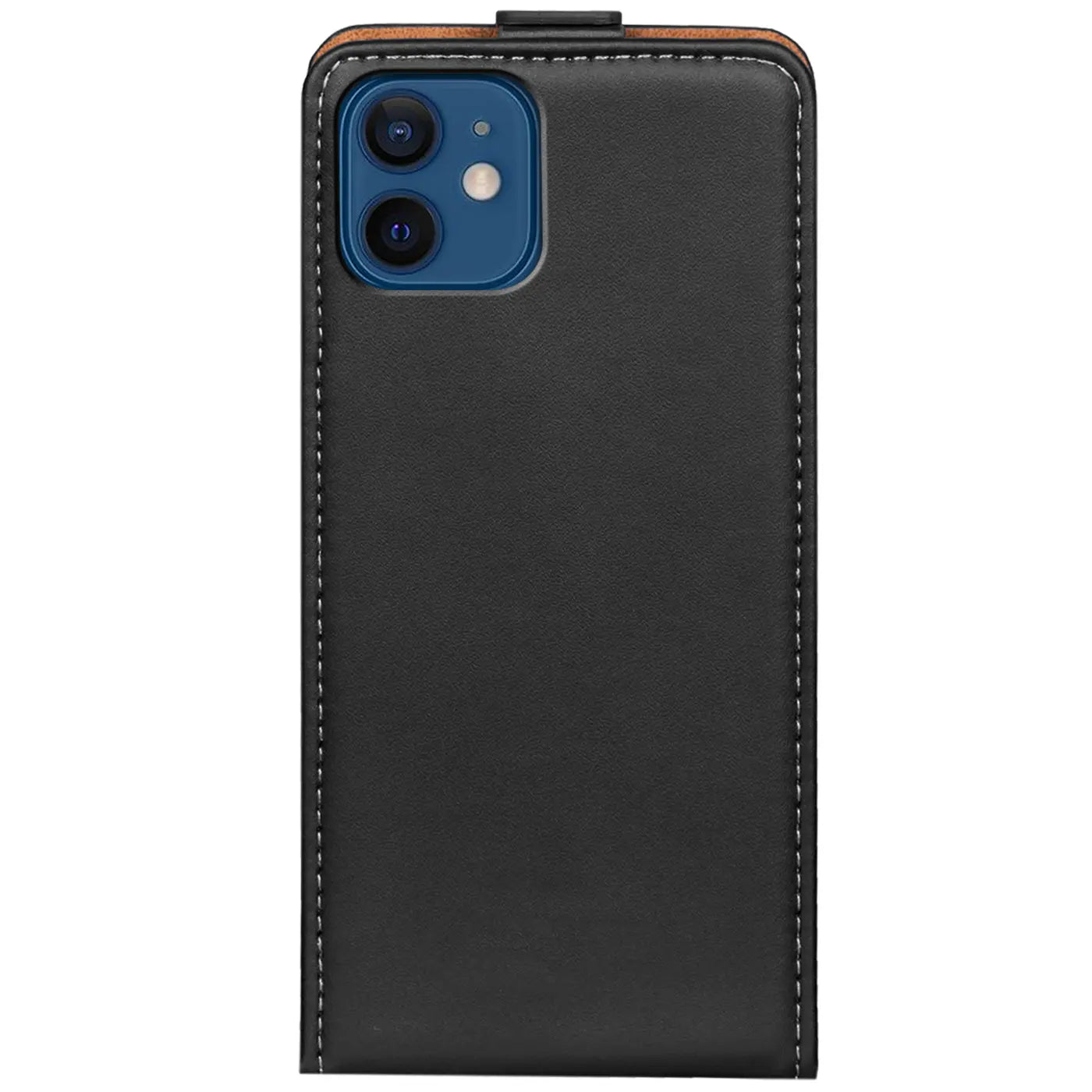 Schwarze Leder-Flip-Hülle mit Ziernähten auf einem iPhone 12 Mini, von vorne gesehen.