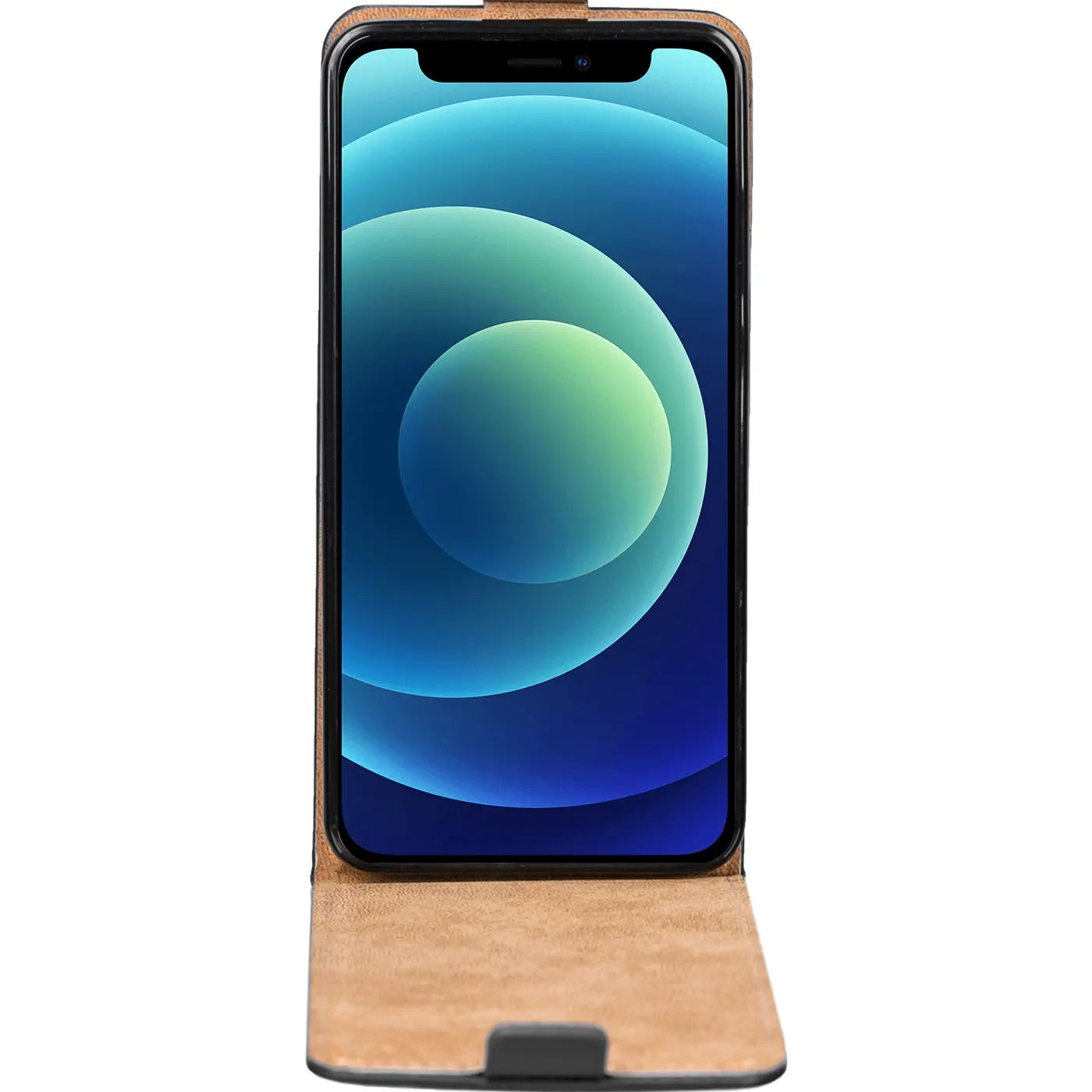 Braune Leder-Flip-Hülle mit offenem iPhone 12 Mini, Vorderansicht.