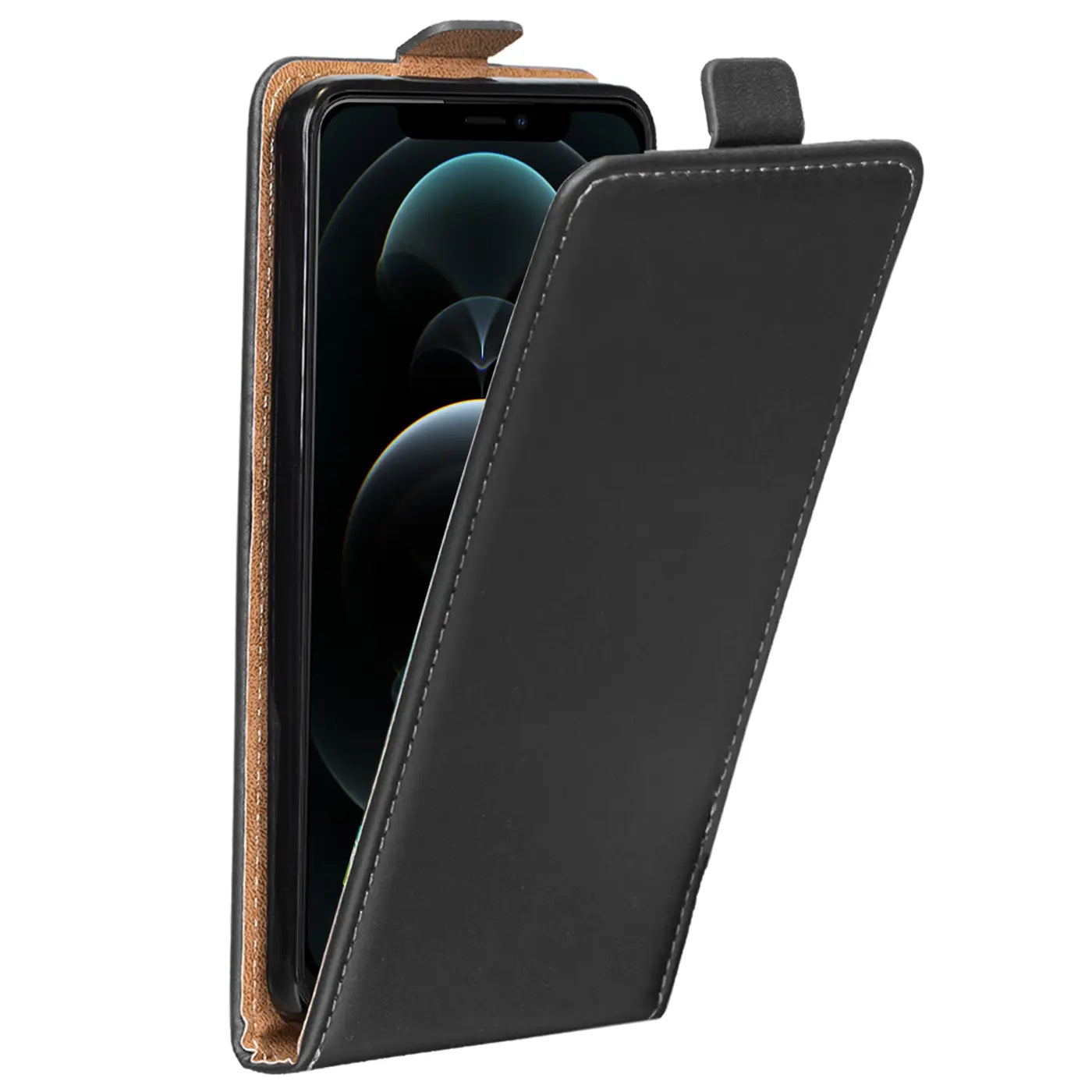 Schwarze Leder-Flip-Hülle, leicht geöffnet, zeigt iPhone 12 Pro.