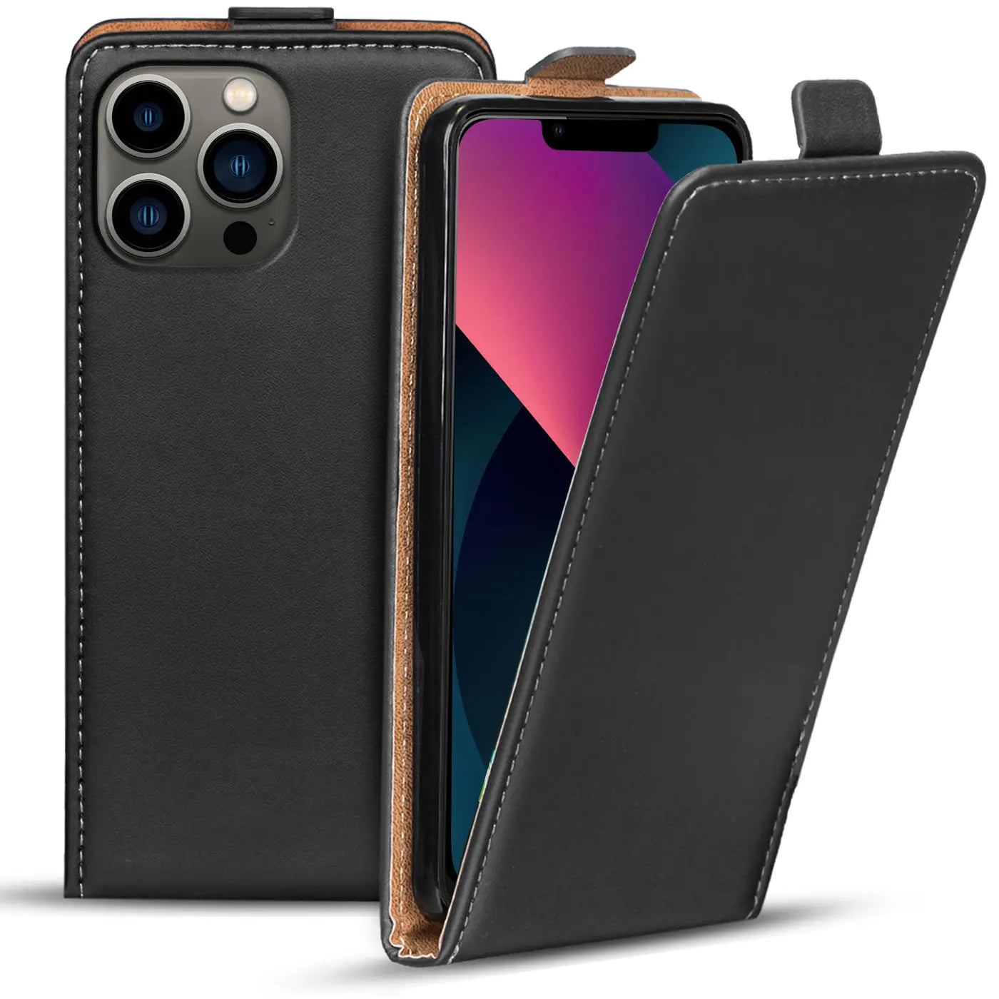 Schwarze Leder-Flip-Hülle für iPhone 13 Pro Max, von vorne, offen