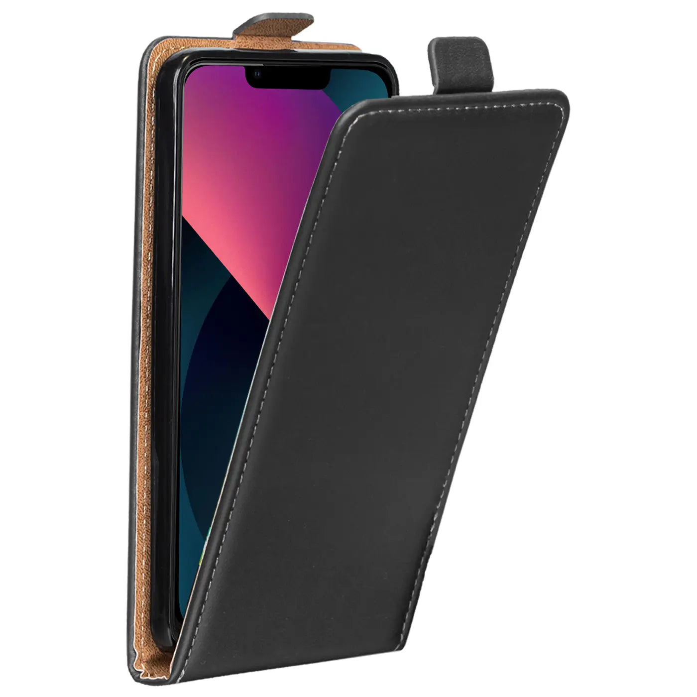 Schwarze Leder-Flip-Hülle mit offenem Deckel, zeigt iPhone 13 Pro, Seitenansicht.