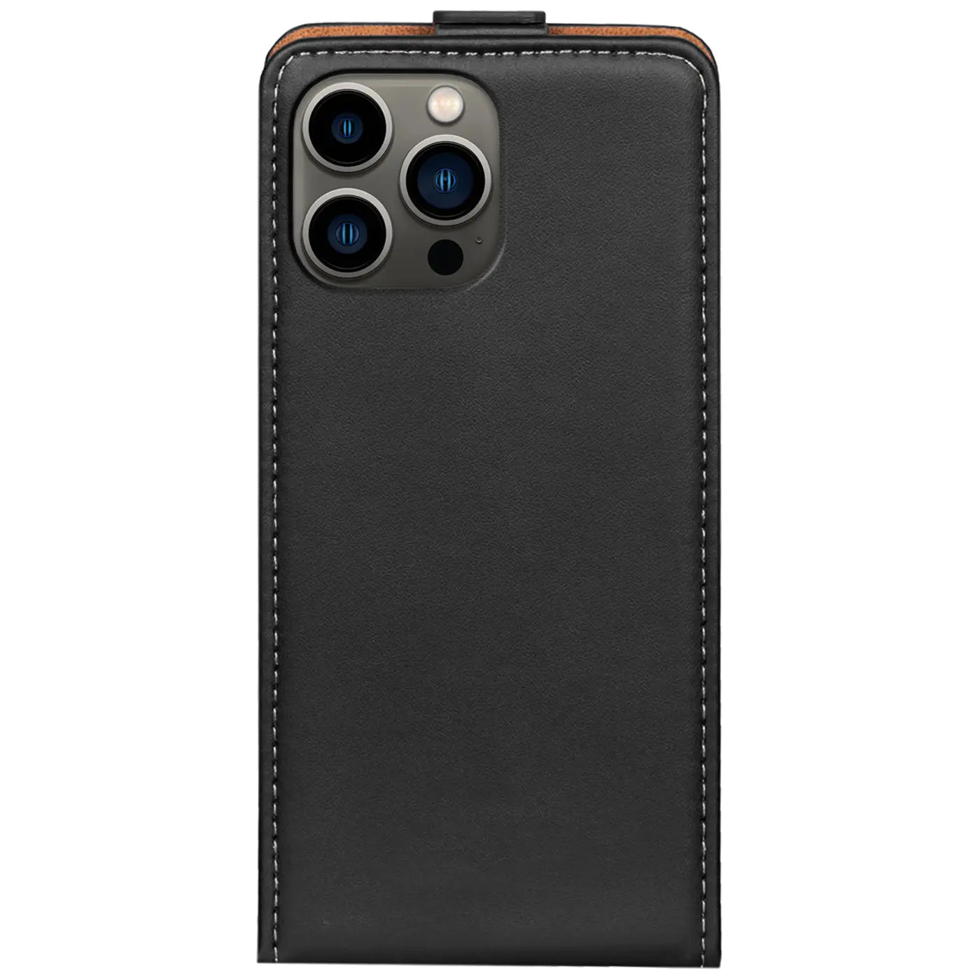 Schwarze Leder-Flip-Hülle für iPhone 13 Pro, Rückansicht.