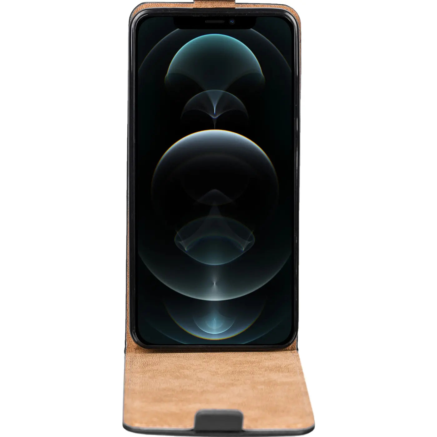 Braune Leder-Flip-Hülle für iPhone 13 Pro, von vorne, Klappe geöffnet.