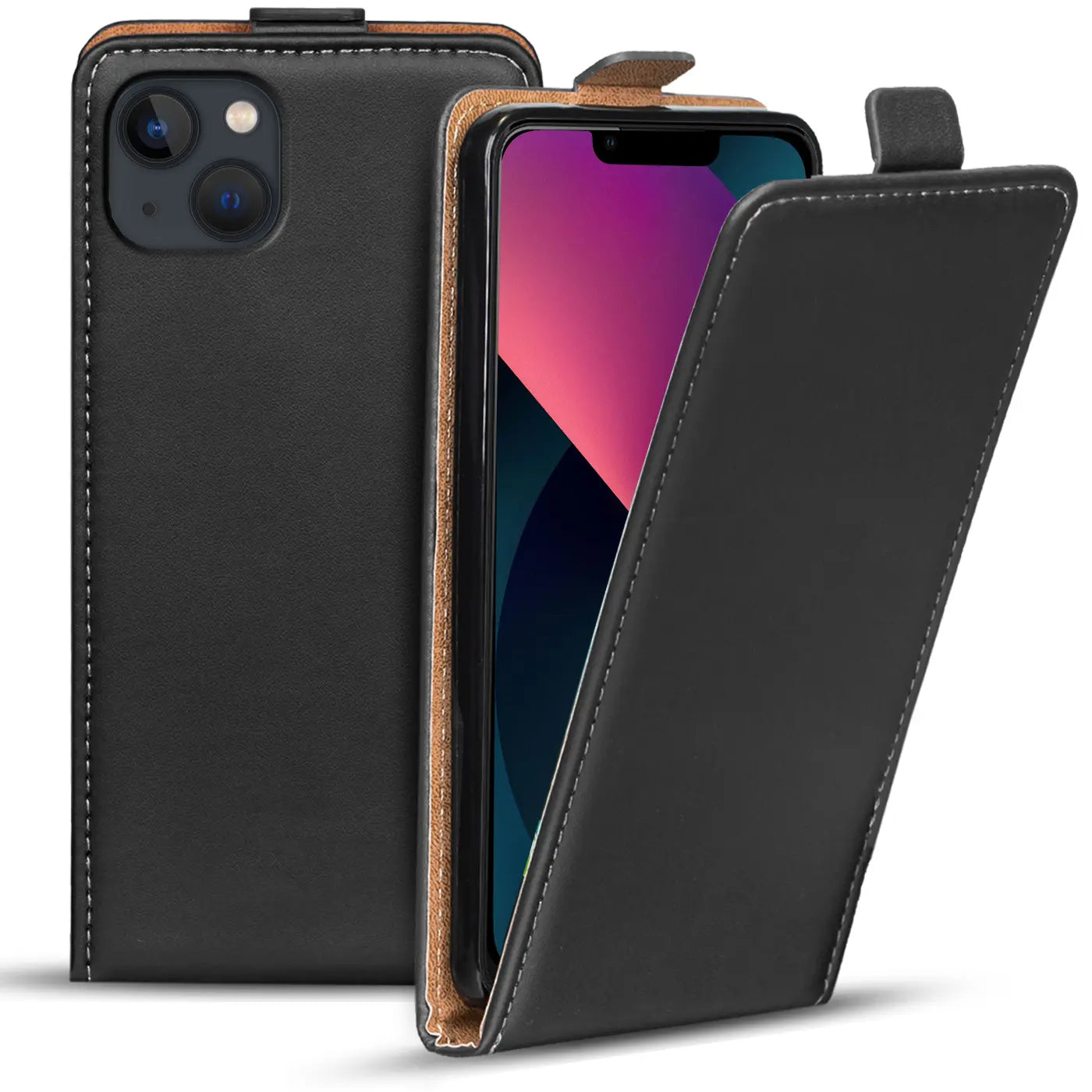 Schwarze Leder-Flip-Hülle mit offenem iPhone 13, von vorne schräg betrachtet.