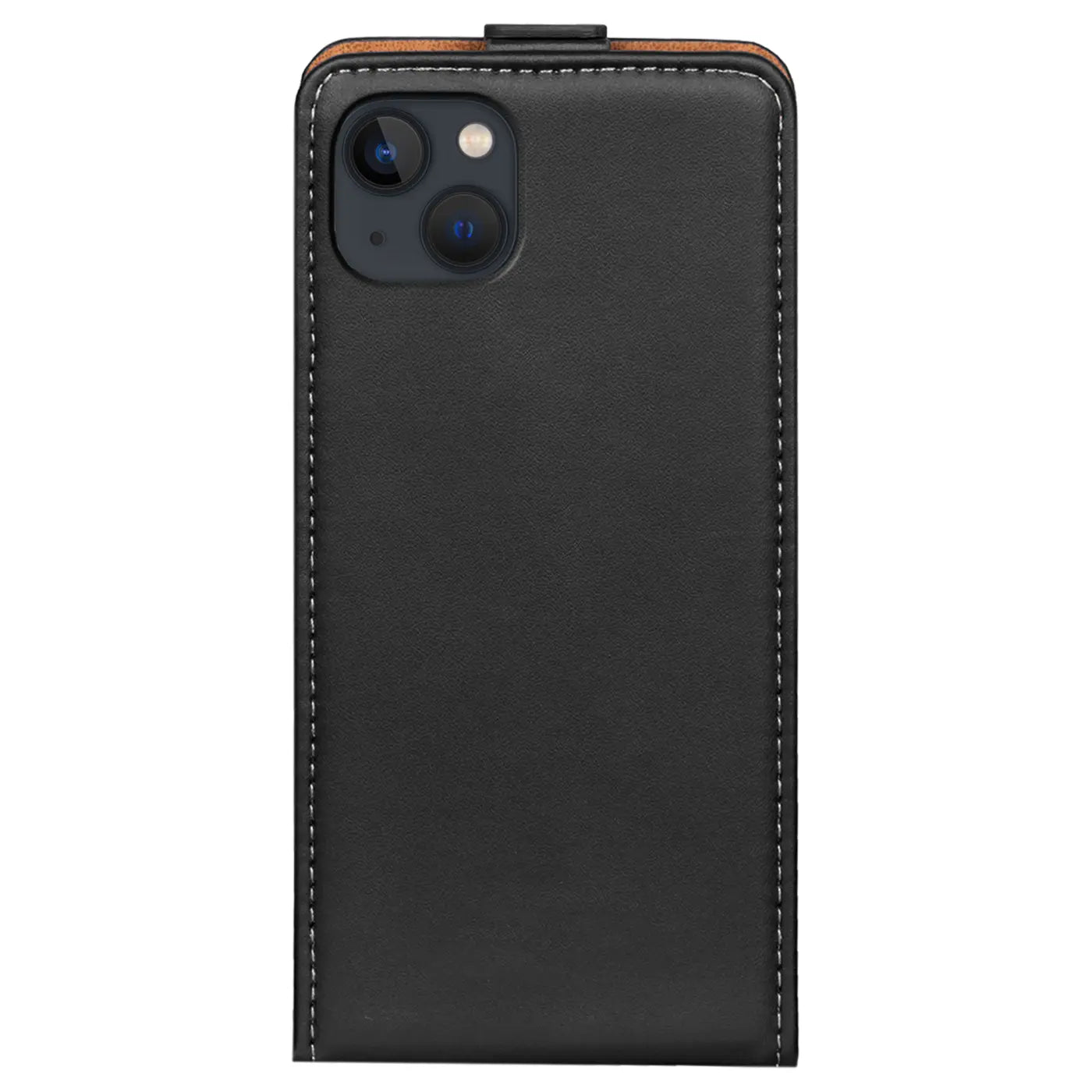 Schwarze Leder-Flip-Hülle für iPhone 13, Rückansicht mit Kamera.