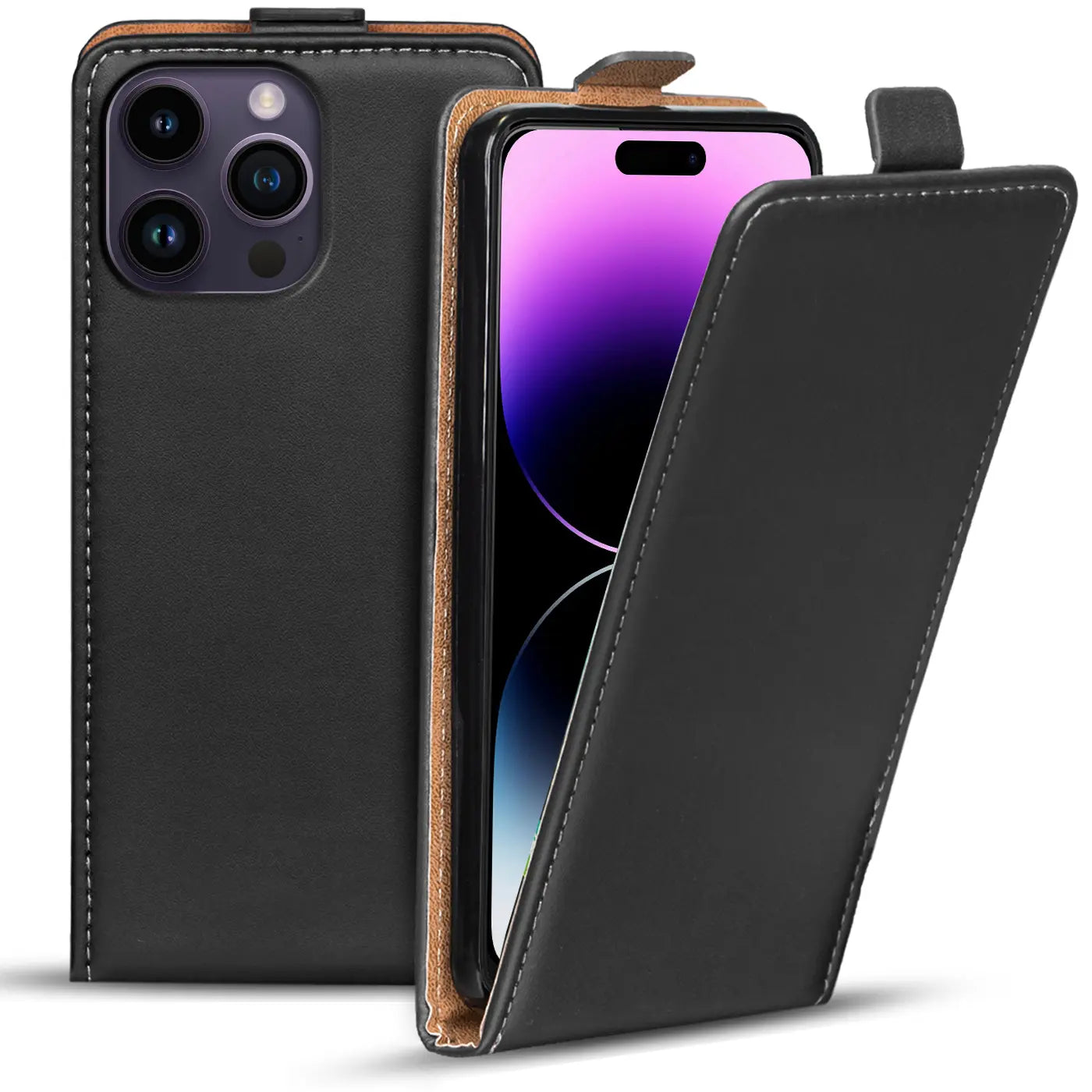 Schwarze Leder-Flip-Hülle für iPhone 14 Pro Max, von vorne, offen