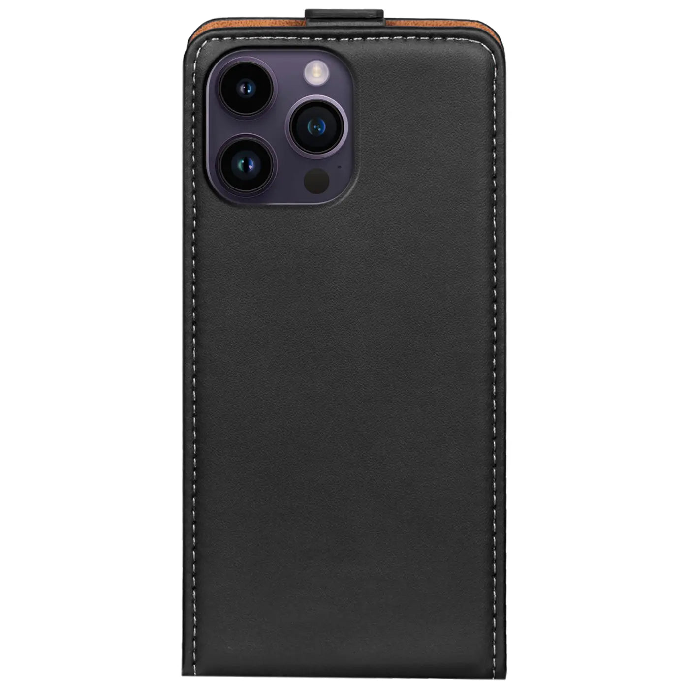Schwarze Lederhülle mit Nähten, Rückansicht, iPhone 15 Pro Max Kamera