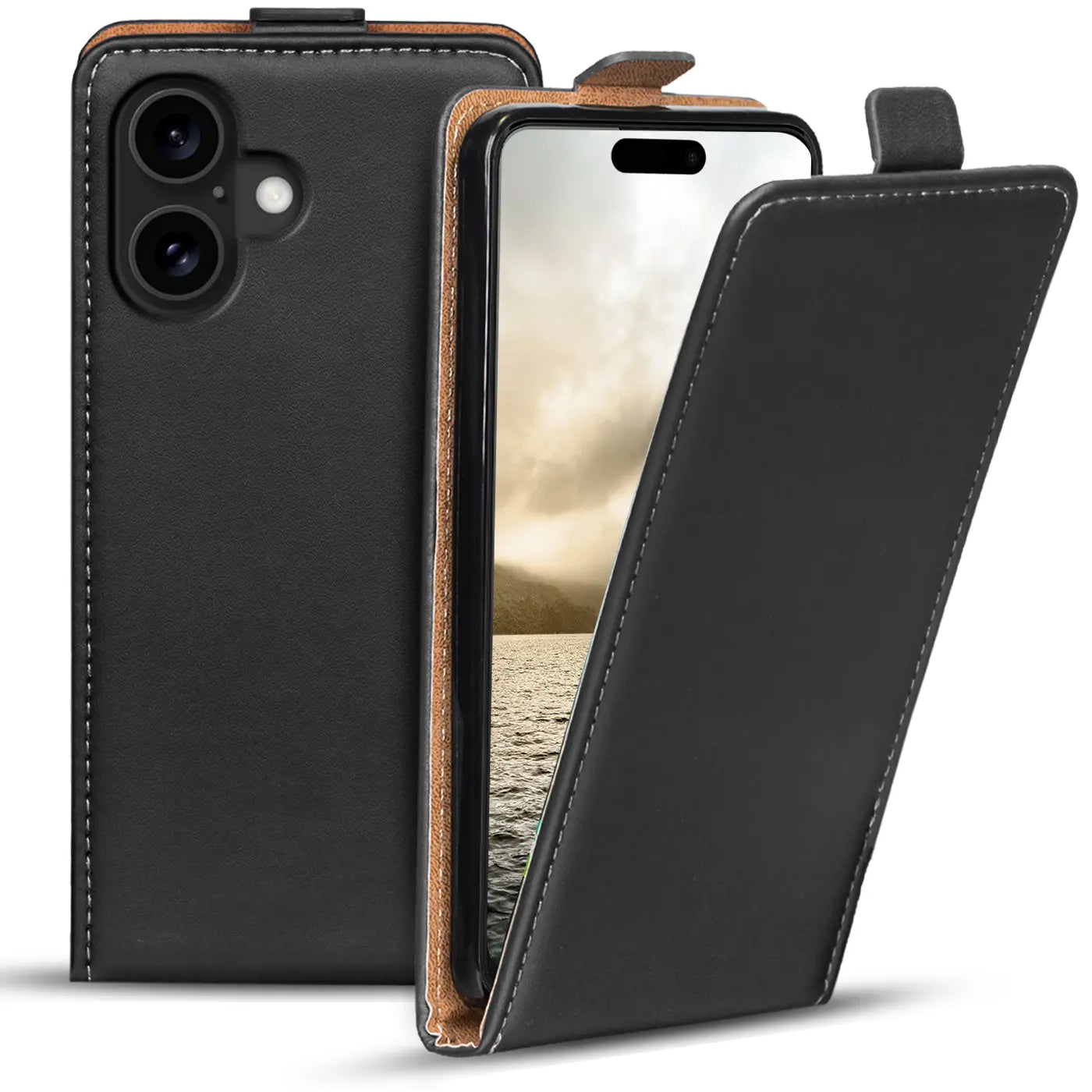 Schwarze Leder-Flip-Hülle, offen, zeigt iPhone 16 Plus, von vorne.