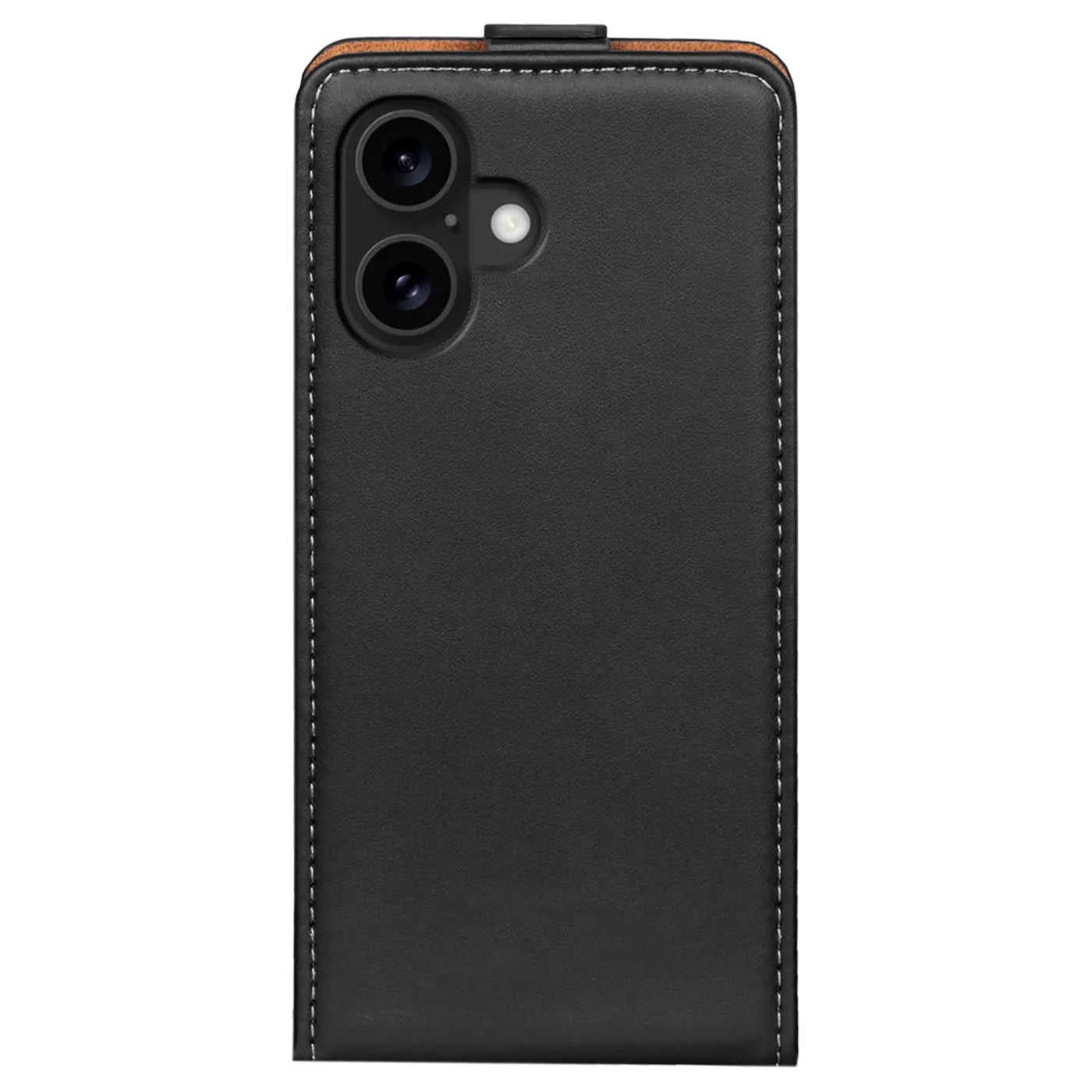 Schwarze Leder-Flip-Hülle mit braunem Akzent, Rückansicht, für iPhone 16 Plus.