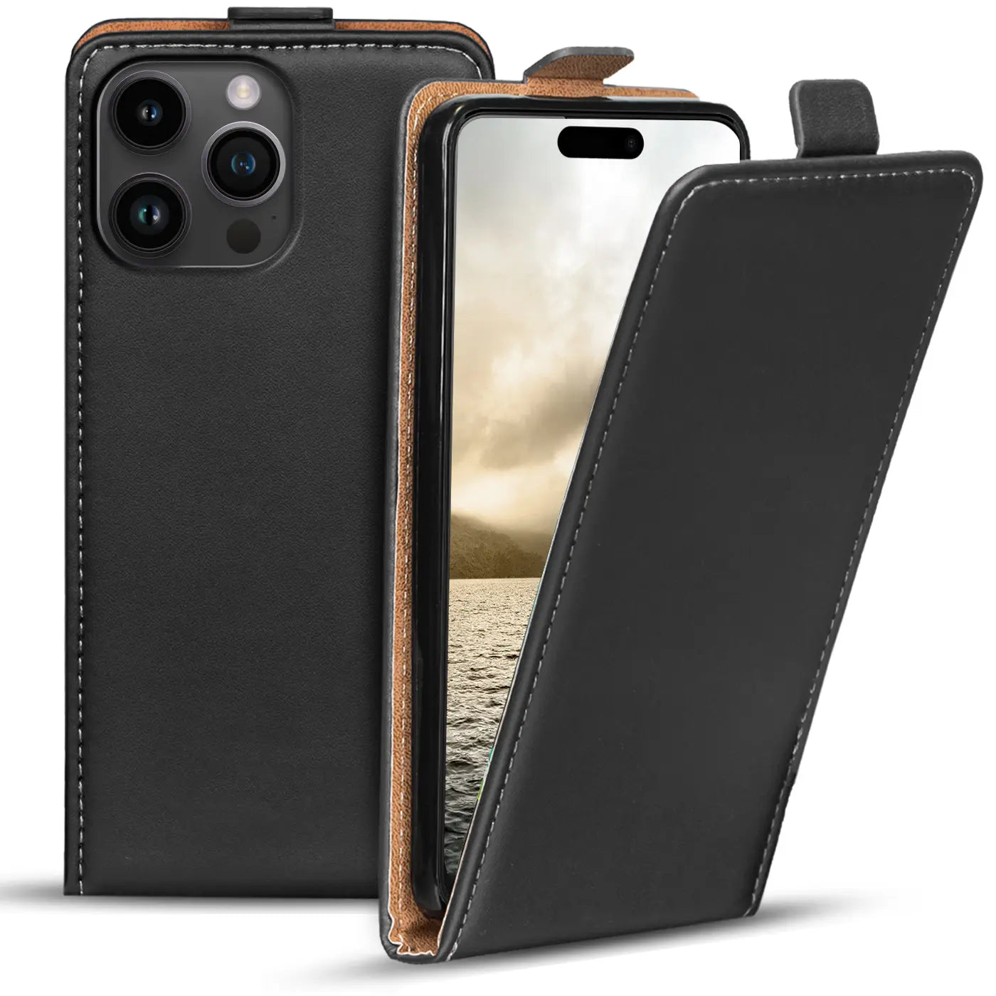 Schwarze Leder-Flip-Hülle mit braunem Rand, geöffnet, zeigt iPhone 16 Pro Max.