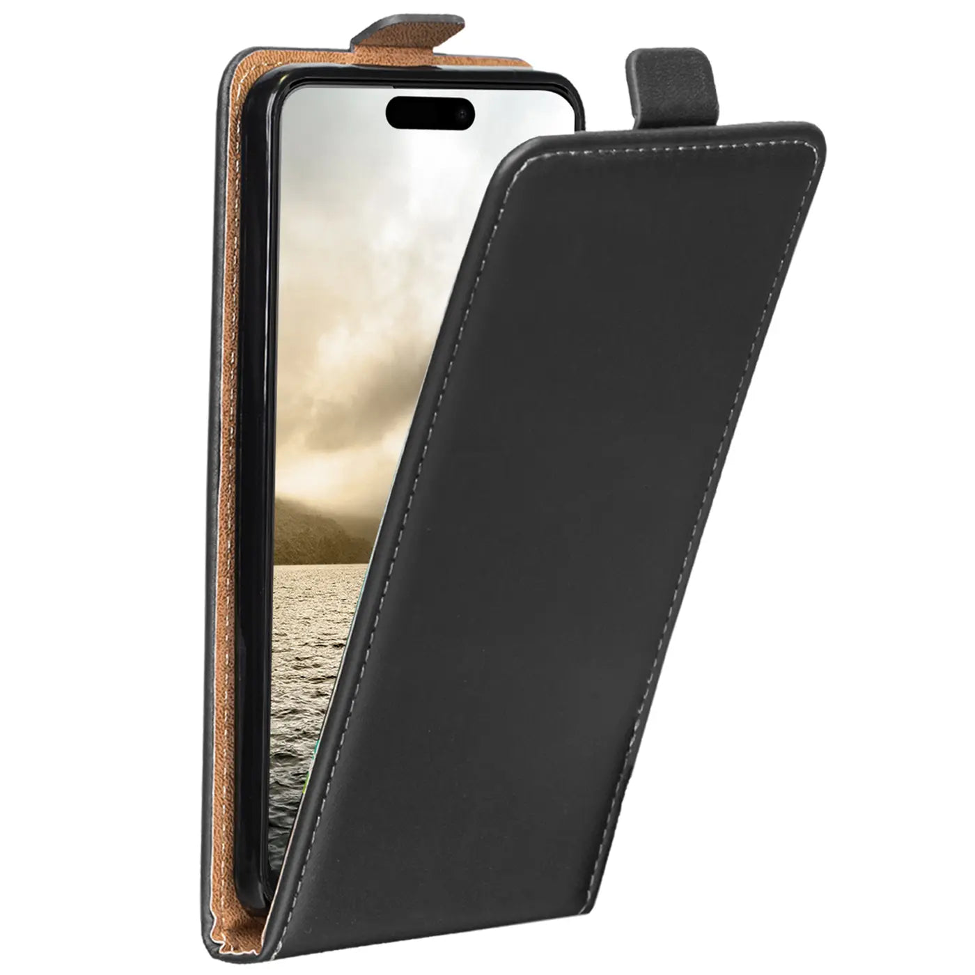 Schwarze Klapphülle aus Leder mit braunem Innenfutter, seitliche Ansicht, zeigt iPhone 16 Pro Max.