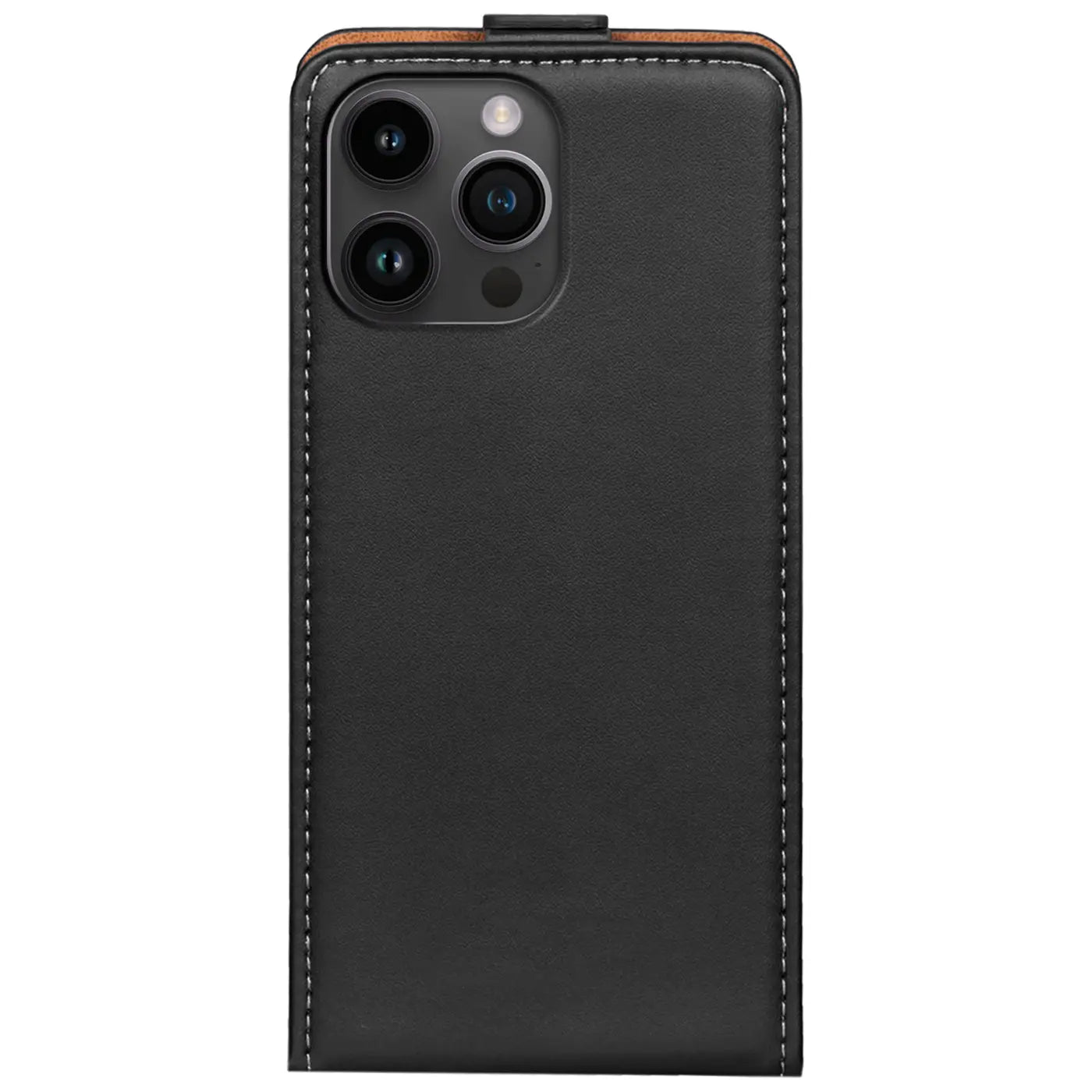 Schwarze Leder-Flip-Hülle mit Nähten, Rückansicht, für iPhone 16 Pro Max.