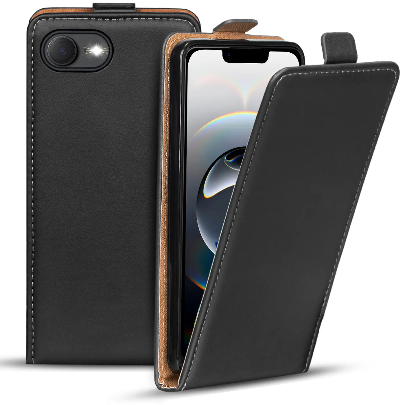 Schwarze Leder-Flip-Hülle mit offenem iPhone 16e, von vorne schräg betrachtet.