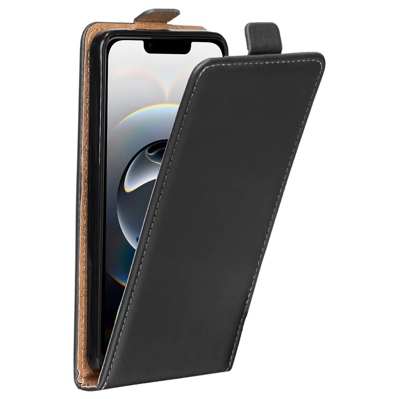 Schwarze Leder-Flip-Hülle mit offenem Klappdeckel, zeigt ein iPhone 16e von vorne.