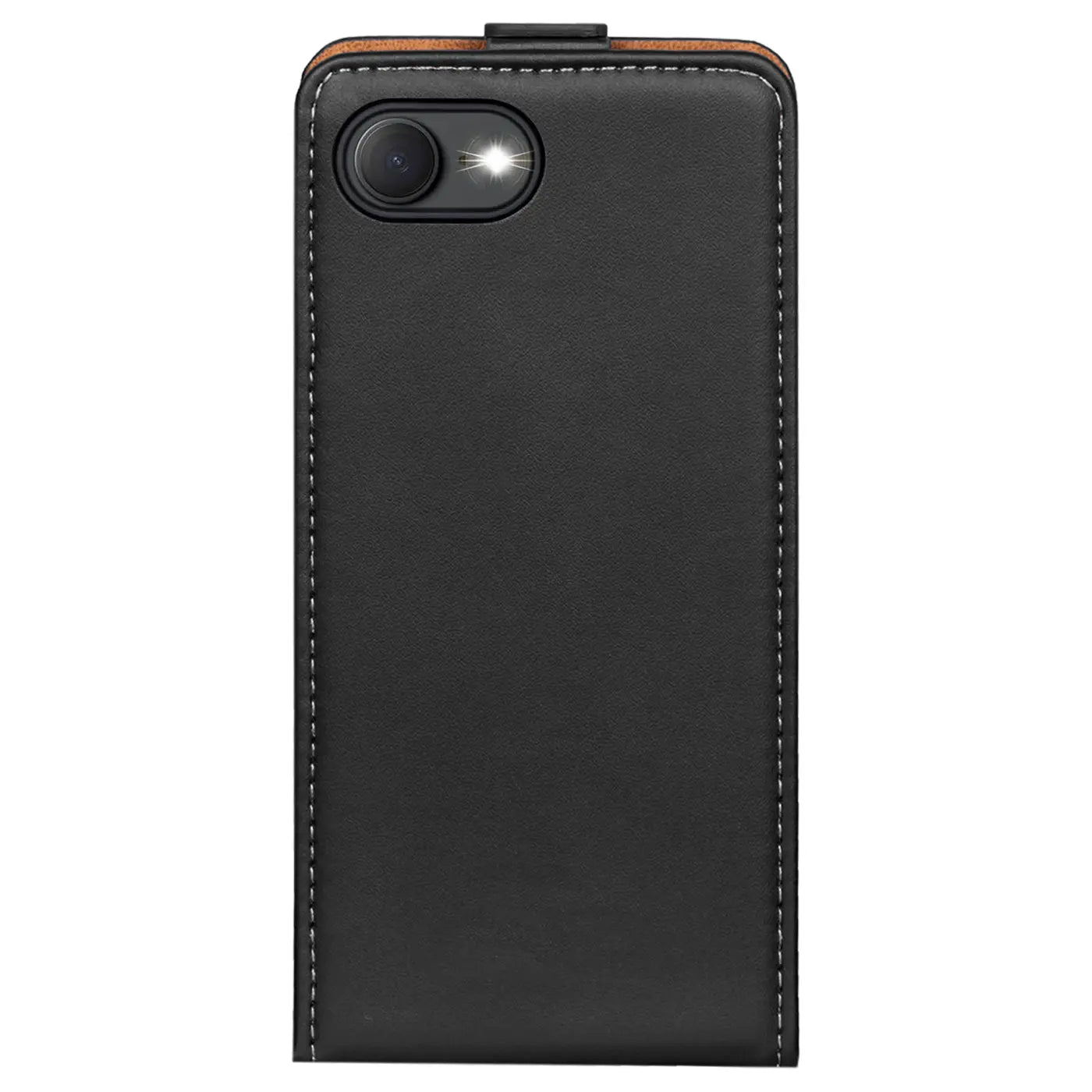 Schwarze Leder-Flip-Hülle mit Kameraaussparung, von oben gesehen, für iPhone 16e.
