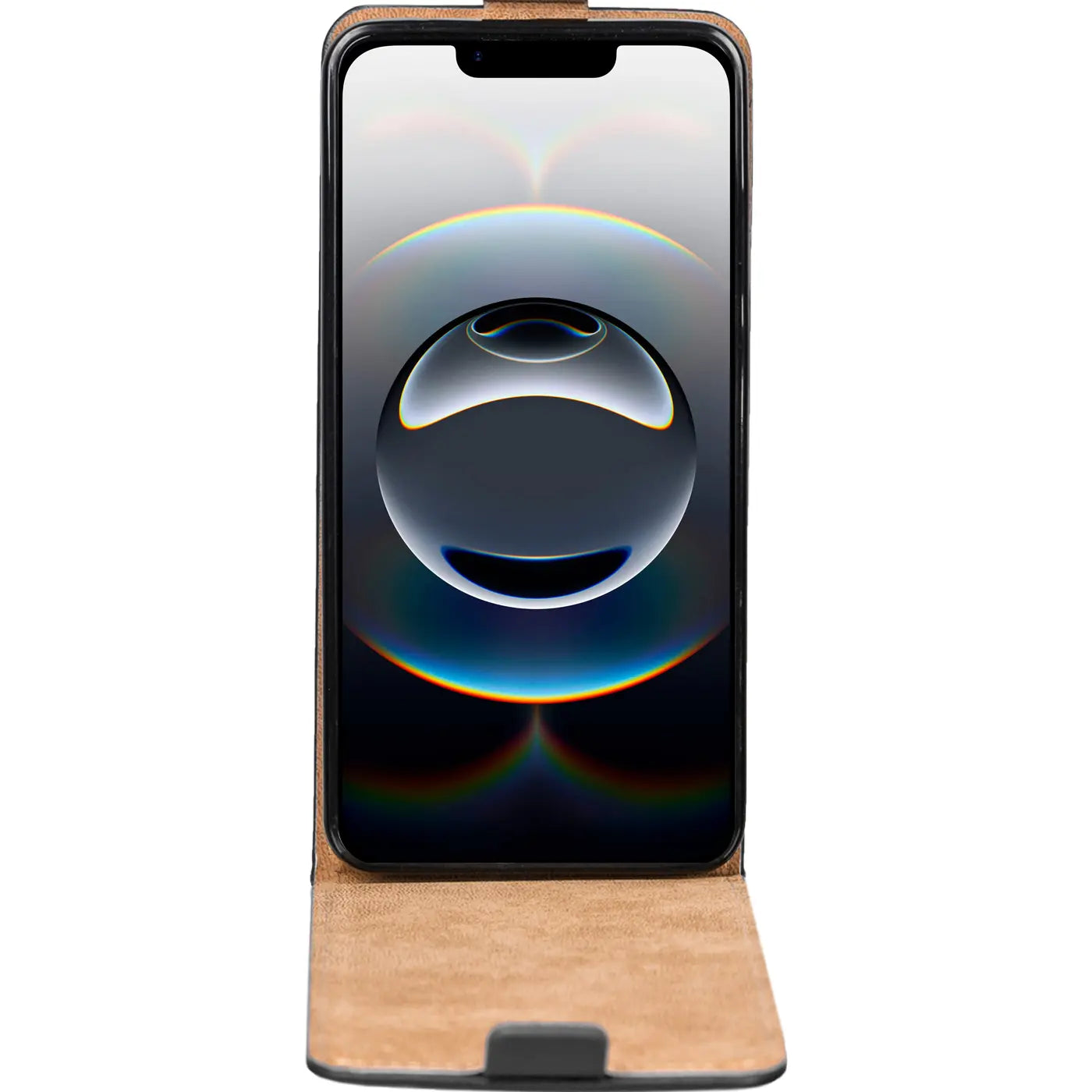 Braune Leder-Flip-Hülle mit schwarzem Verschluss für iPhone 16e, Frontansicht.